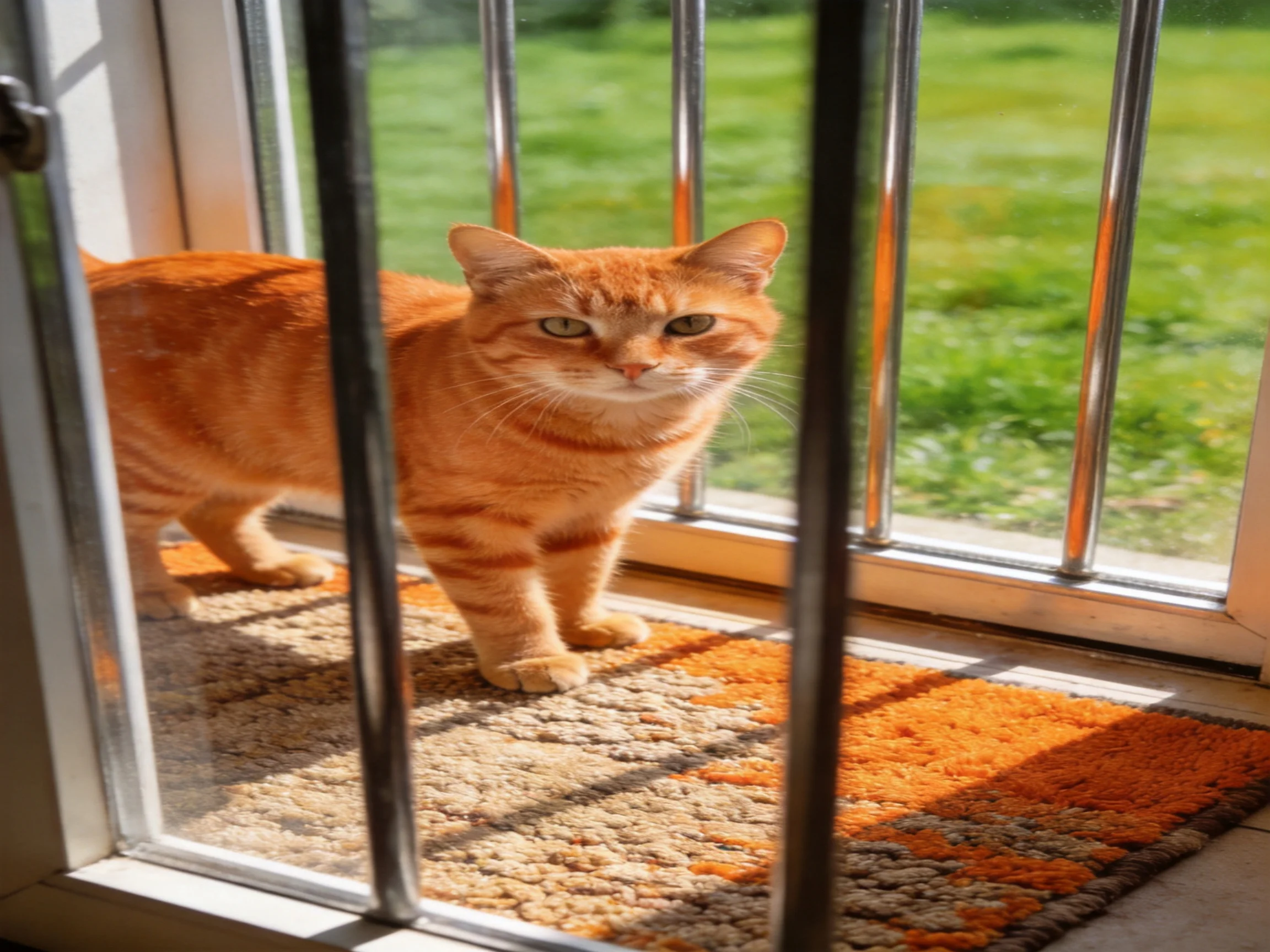An orange tabby cat by a glass door with metal bars, two rugs, and a green lawn outside