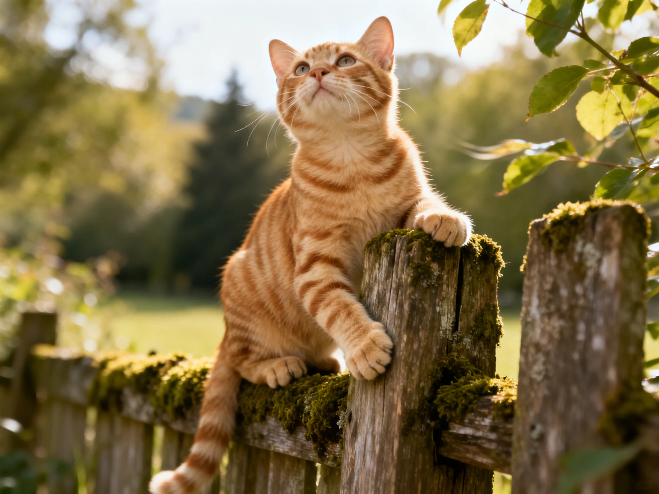 An orange tabby cat climbs a moss-covered wooden fence in a sunny garden