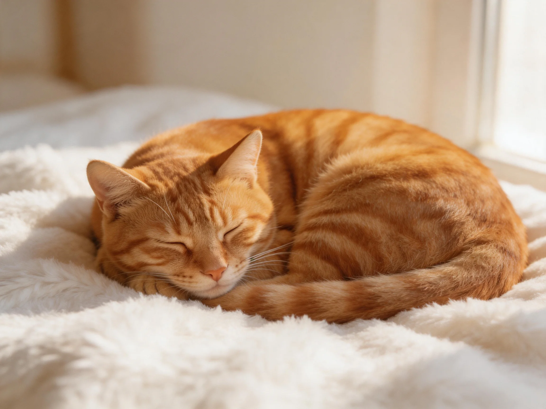 An orange tabby cat curled up asleep on a fluffy white blanket by a sunlit window