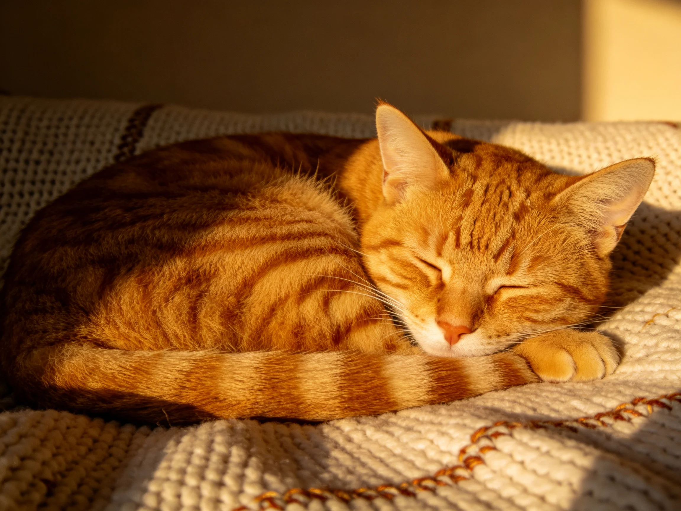 An orange tabby cat curled up sleeping on a knitted blanket in warm sunlight