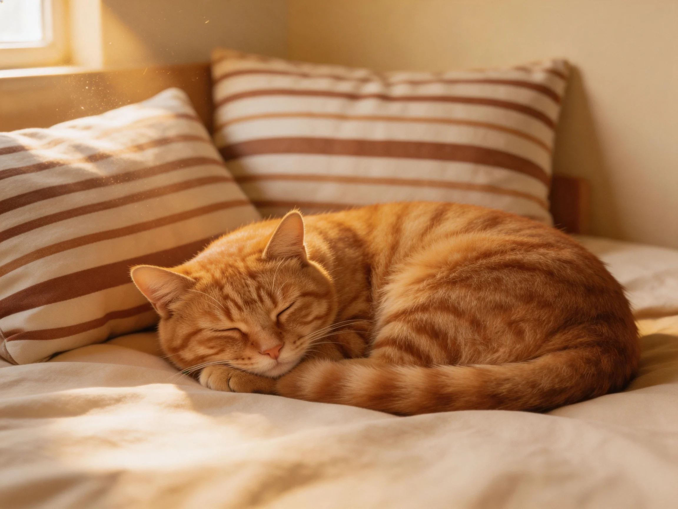 An orange tabby cat curls up asleep on a bed with striped pillows