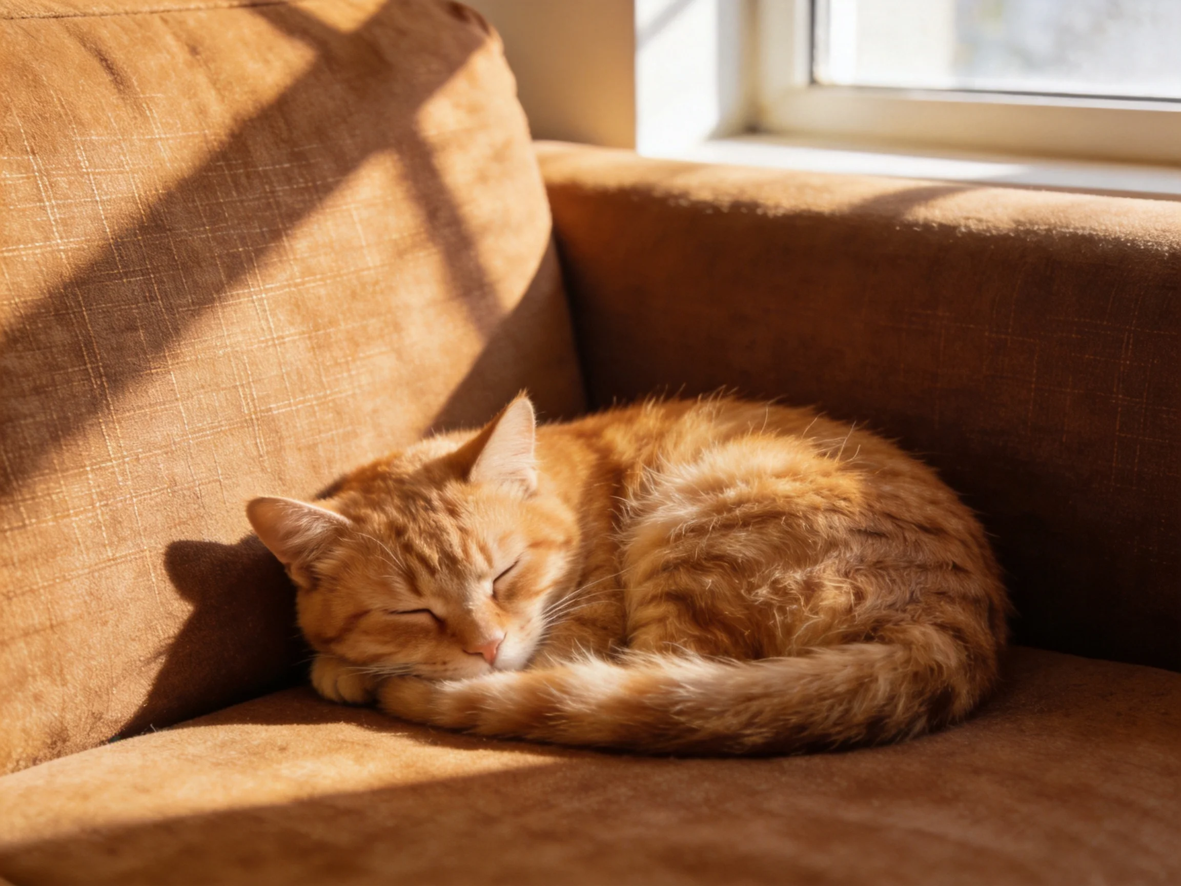 An orange tabby cat curls up asleep on a brown sofa by a sunlit window.