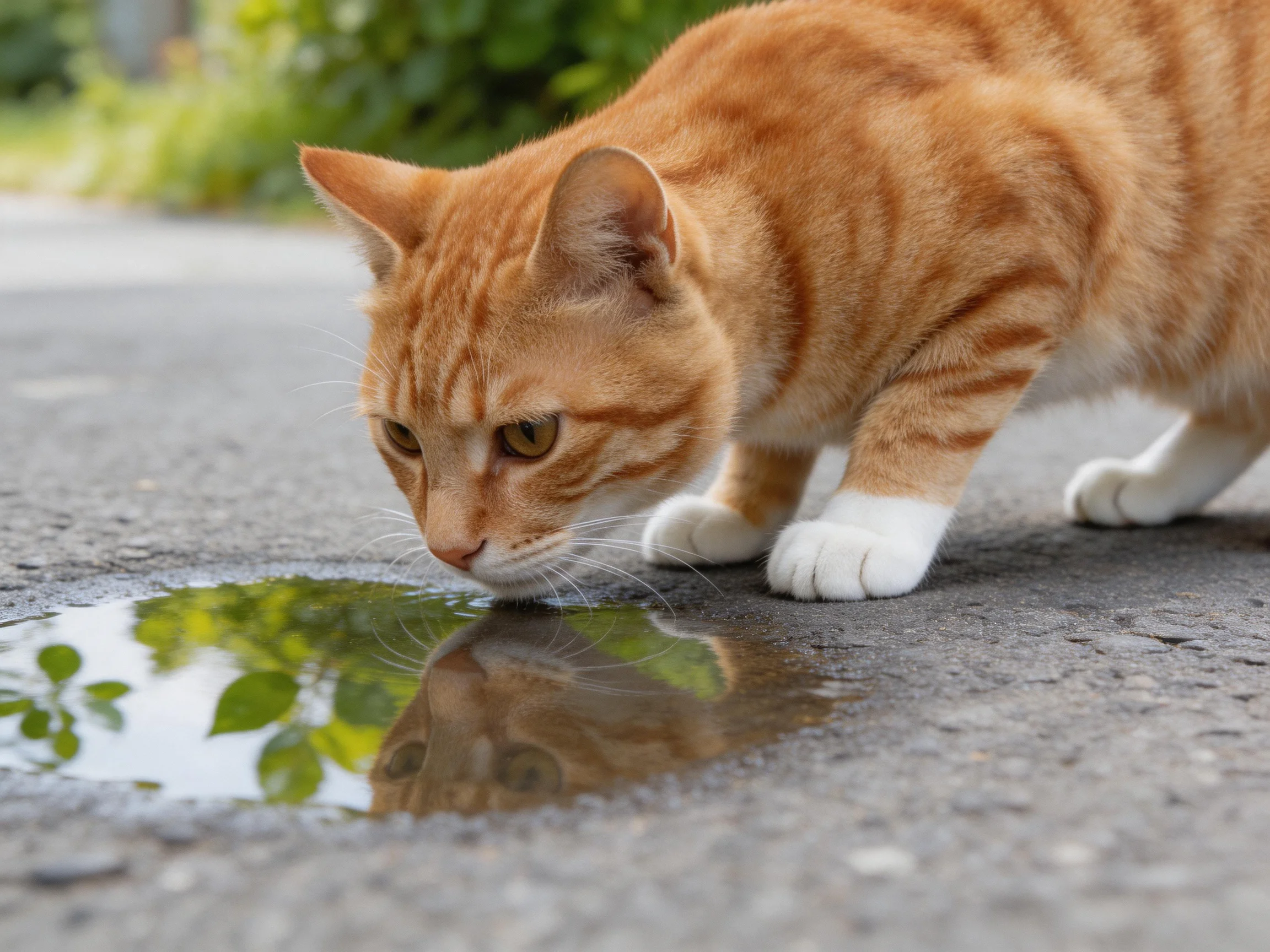 An orange tabby cat drinks from a reflective puddle on pavement