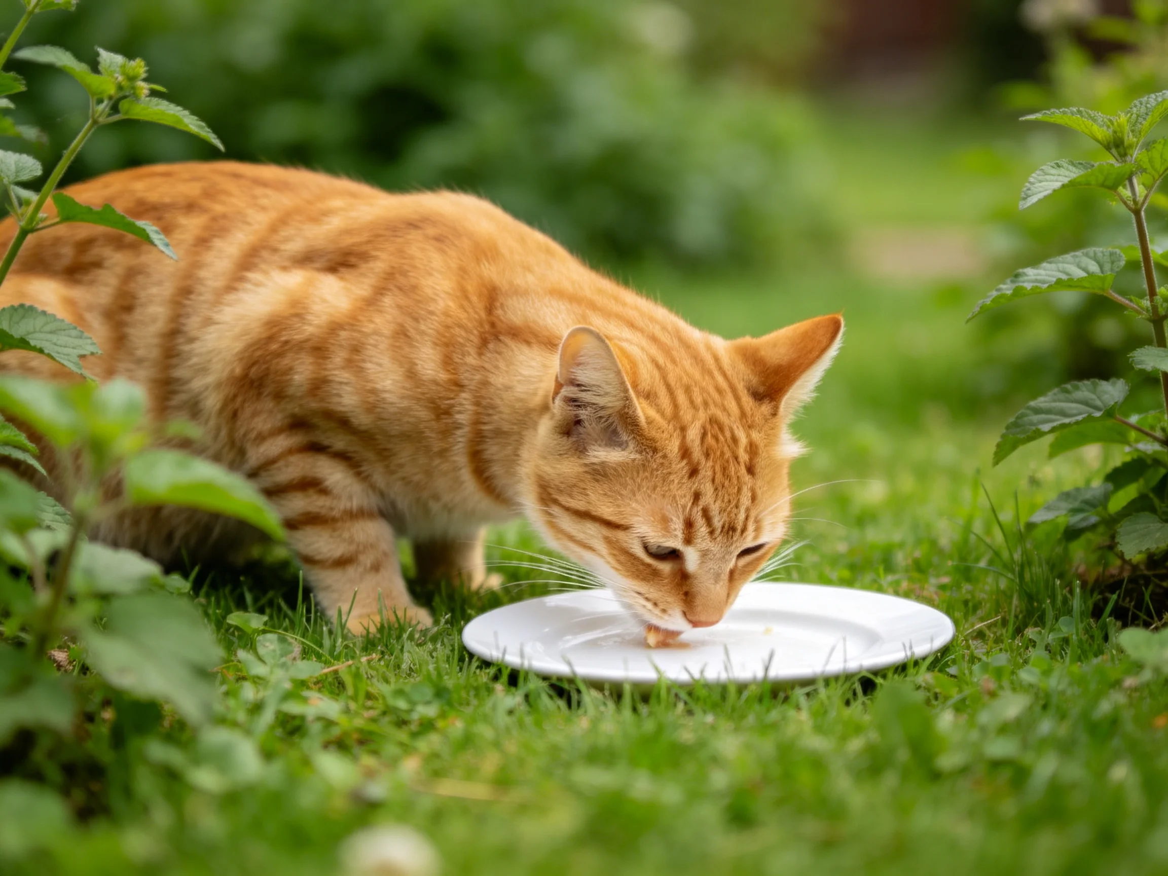 An orange tabby cat drinks from a white plate in a lush green garden