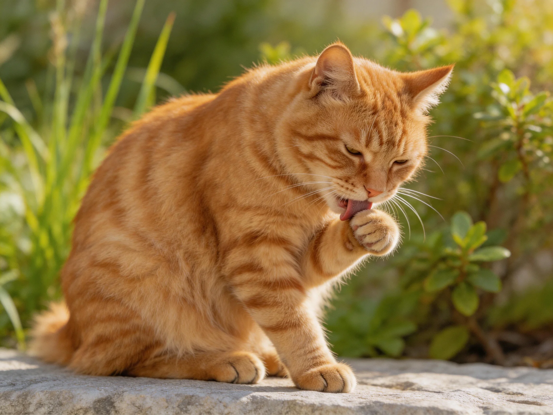 An orange tabby cat eats a treat on a stone surface with greenery nearby