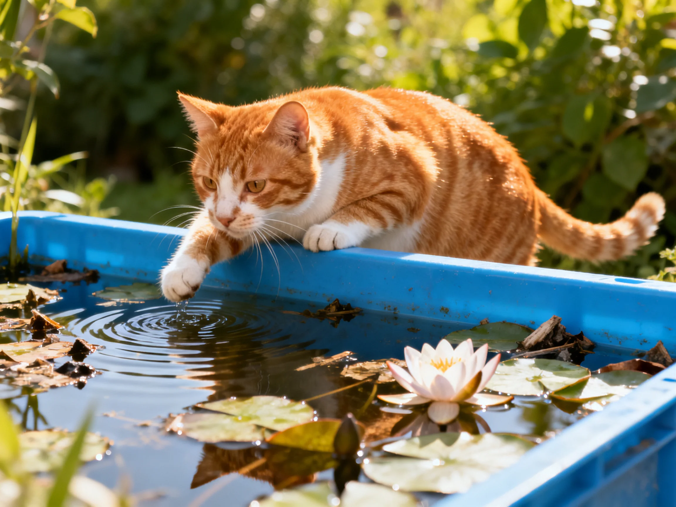 An orange tabby cat explores a blue water feature with lily pads
