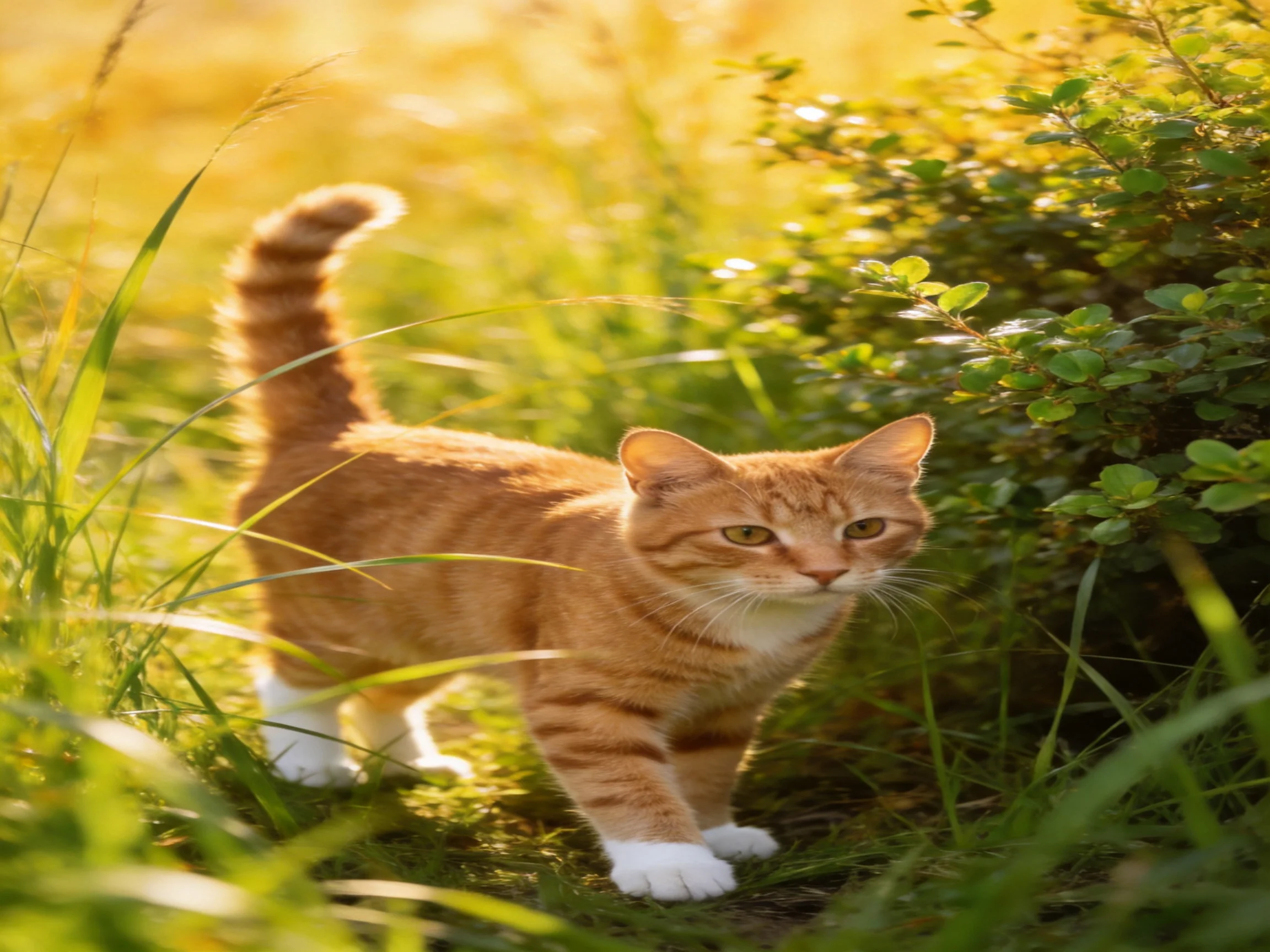 An orange tabby cat walks through grass near bushes in sunlight.