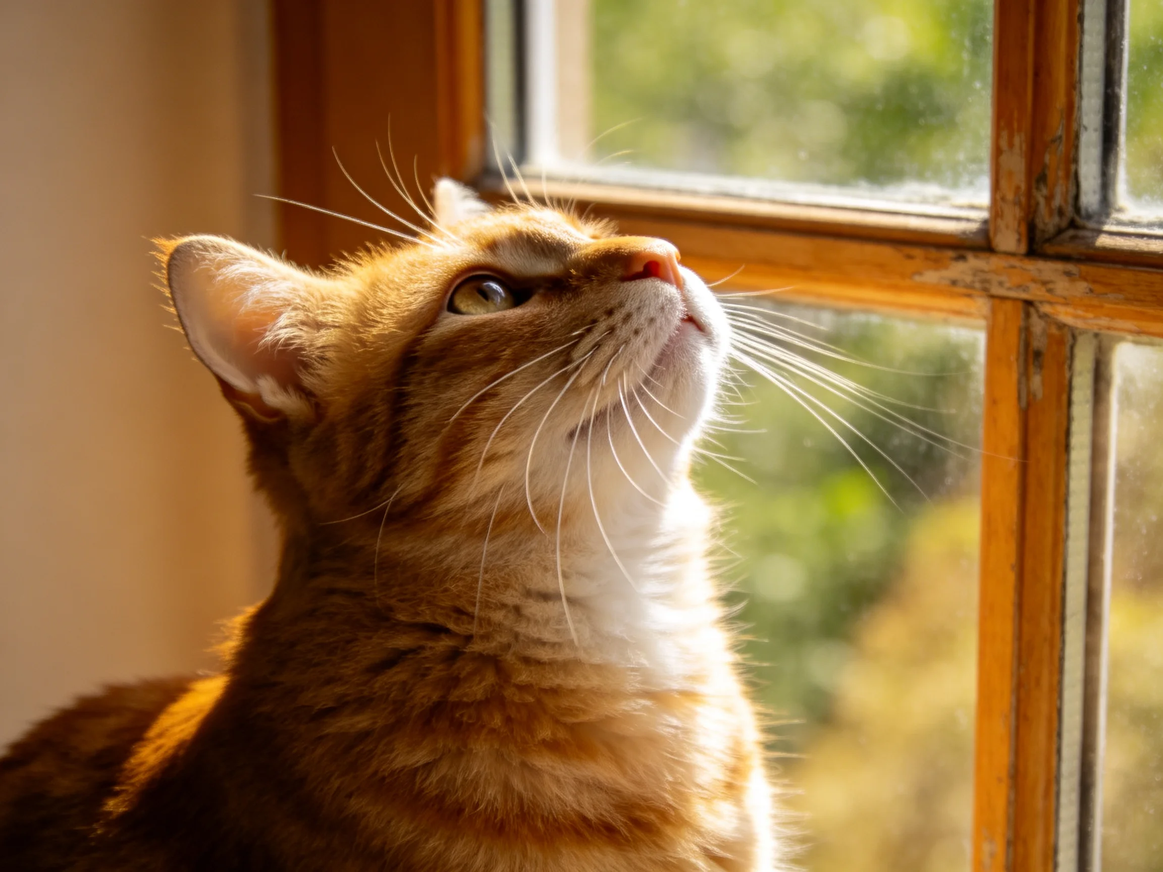 An orange tabby cat gazes upward near a wooden-framed window