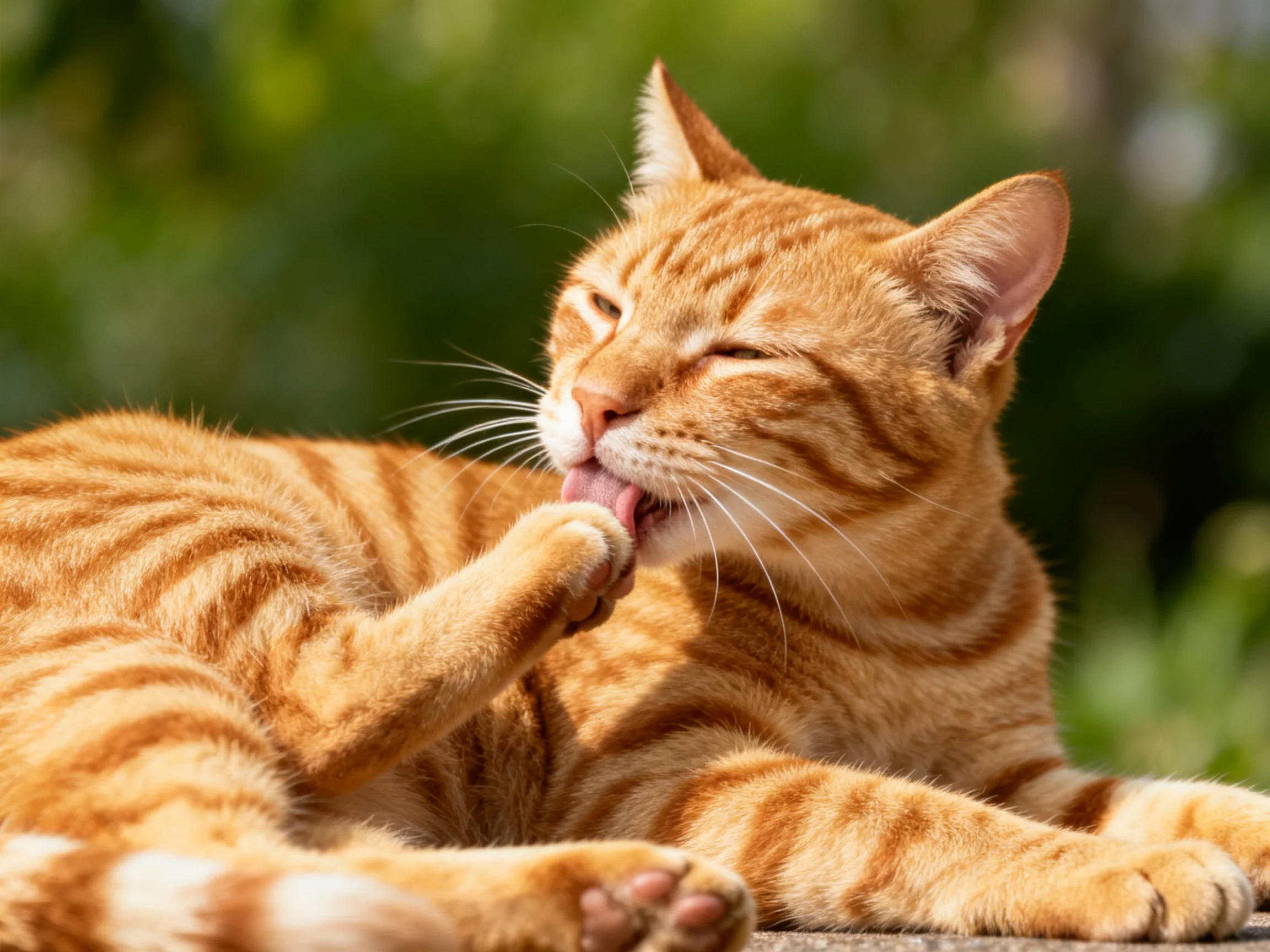 An orange tabby cat grooms itself in a sunlit outdoor setting