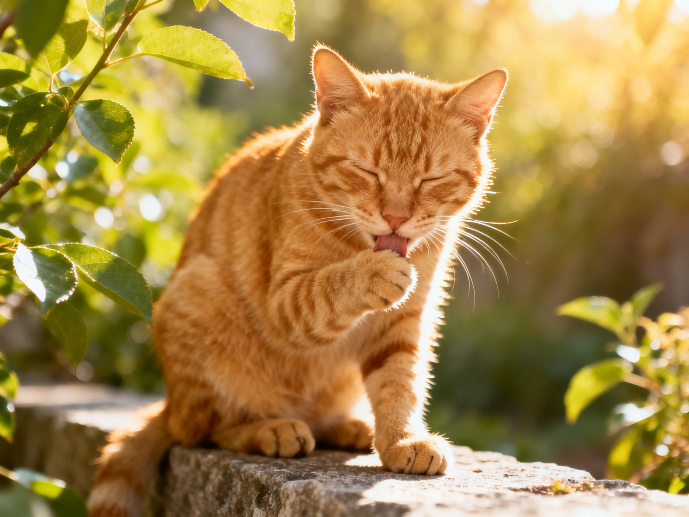 An orange tabby cat grooms itself on a stone ledge in sunlight