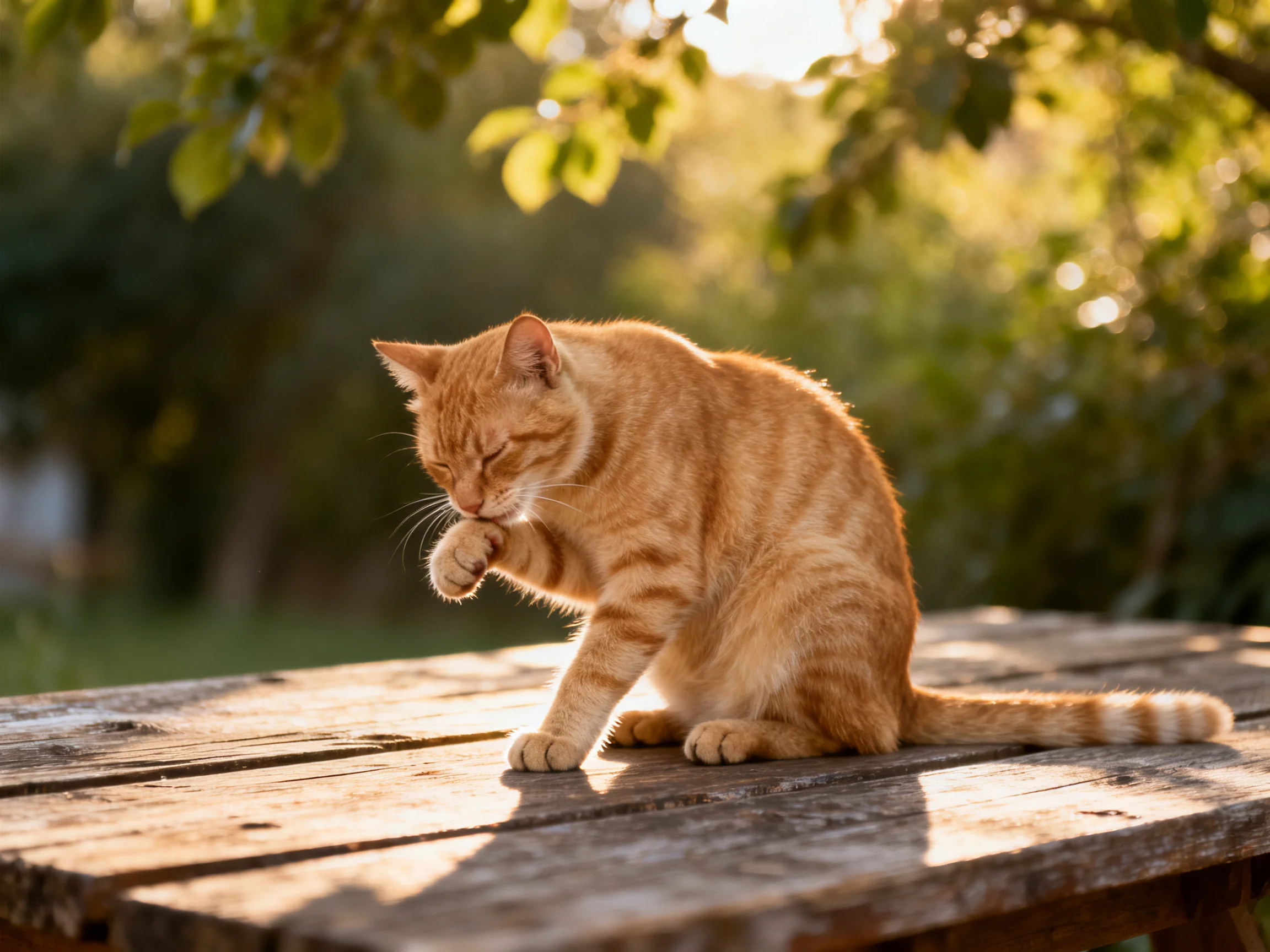 An orange tabby cat grooms on a weathered wooden bench under leafy trees