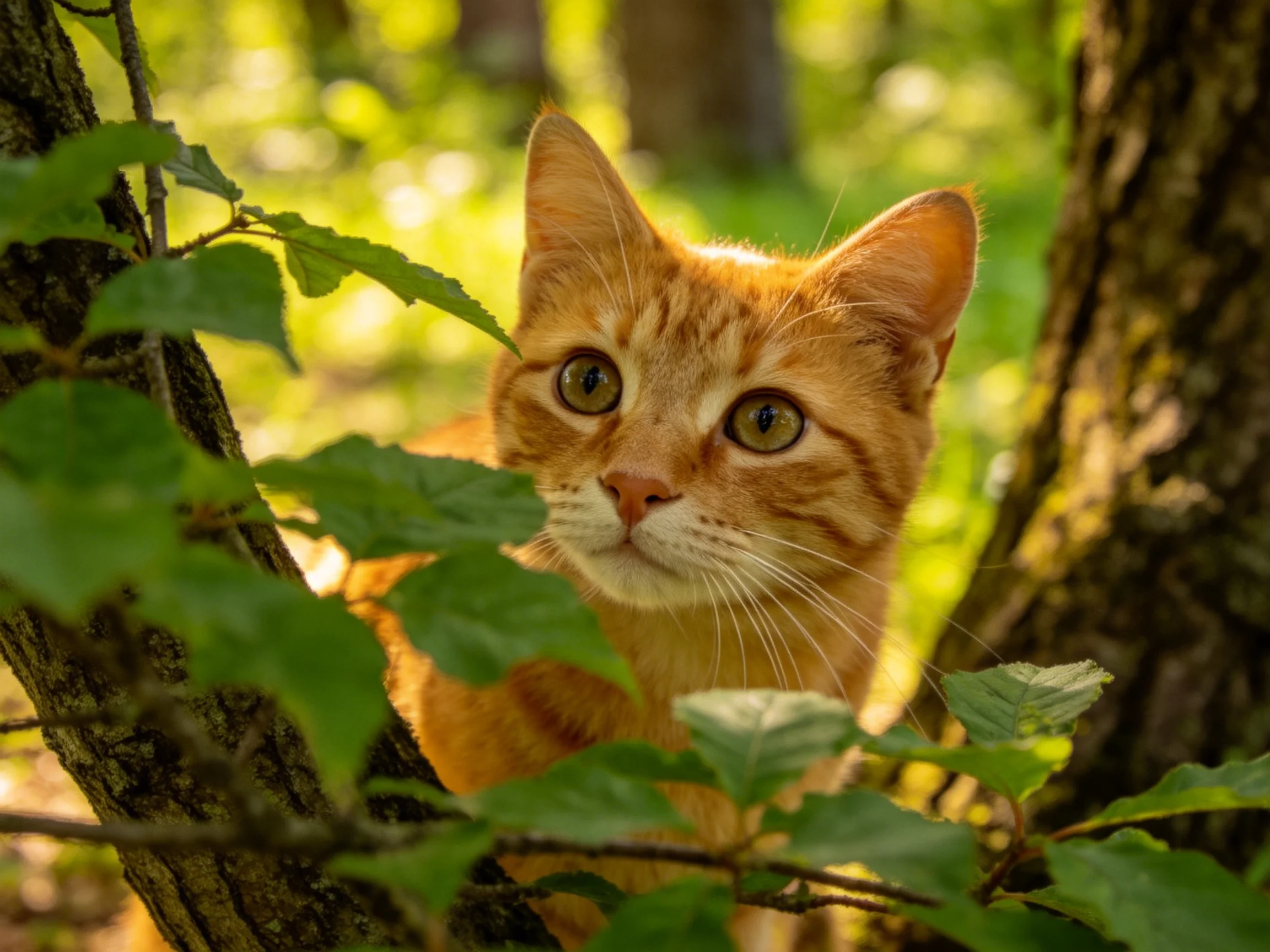 An orange tabby cat hides among green foliage in a sun-dappled forest