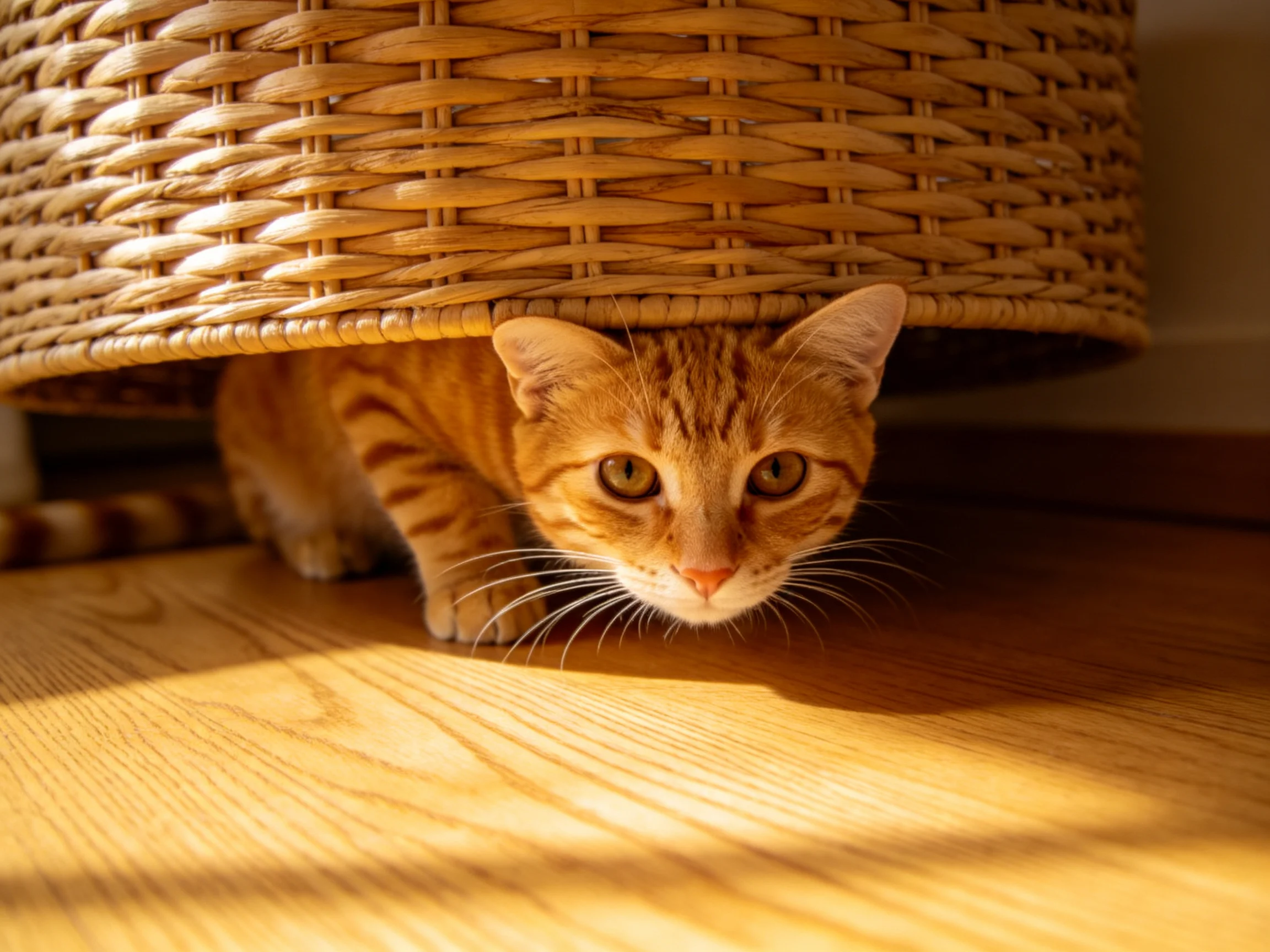 An orange tabby cat hides beneath a large woven basket on wooden flooring