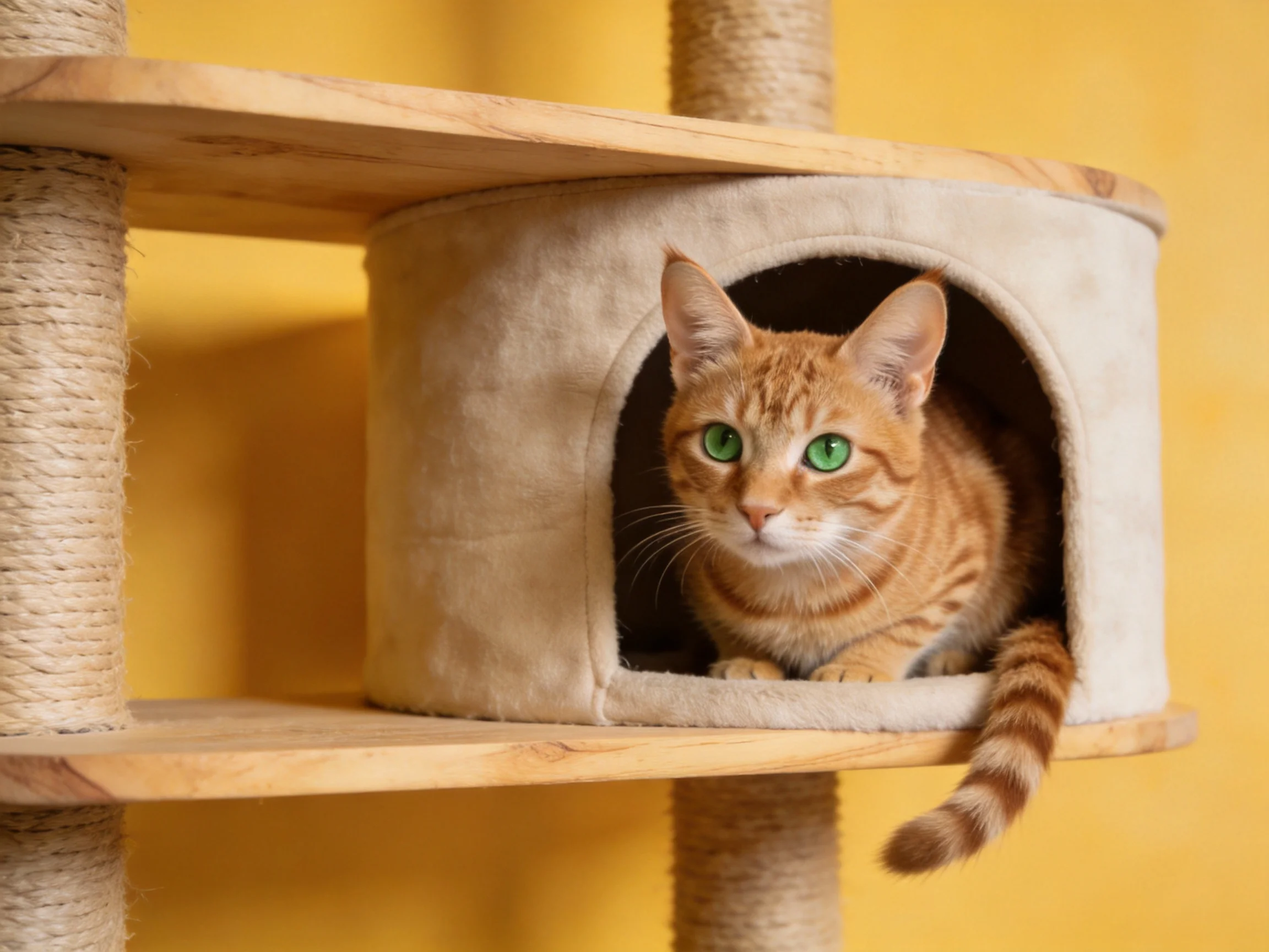 An orange tabby cat relaxes in a beige cat house on a wooden shelf.