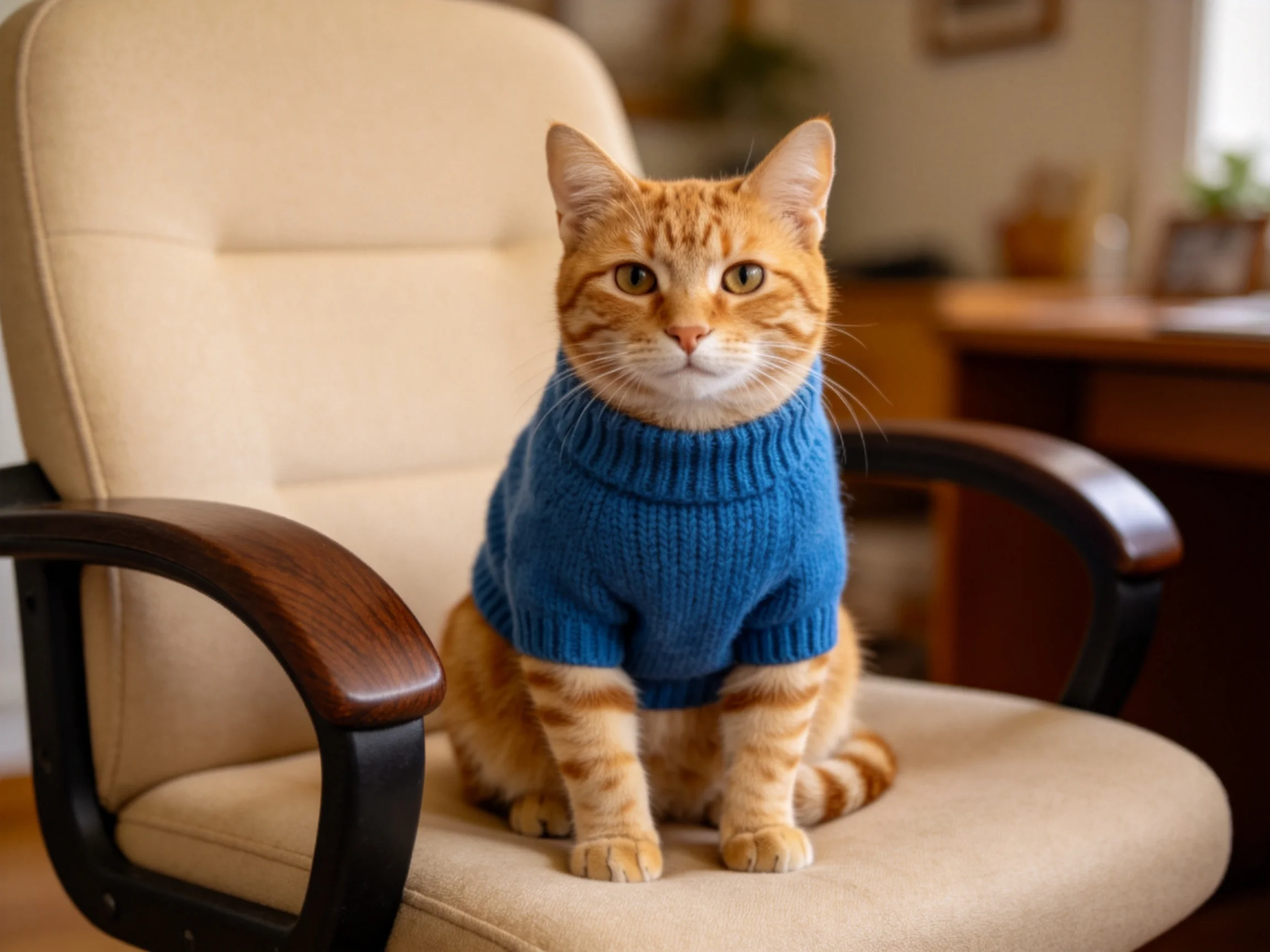 An orange tabby cat in a blue sweater sits on a beige office chair