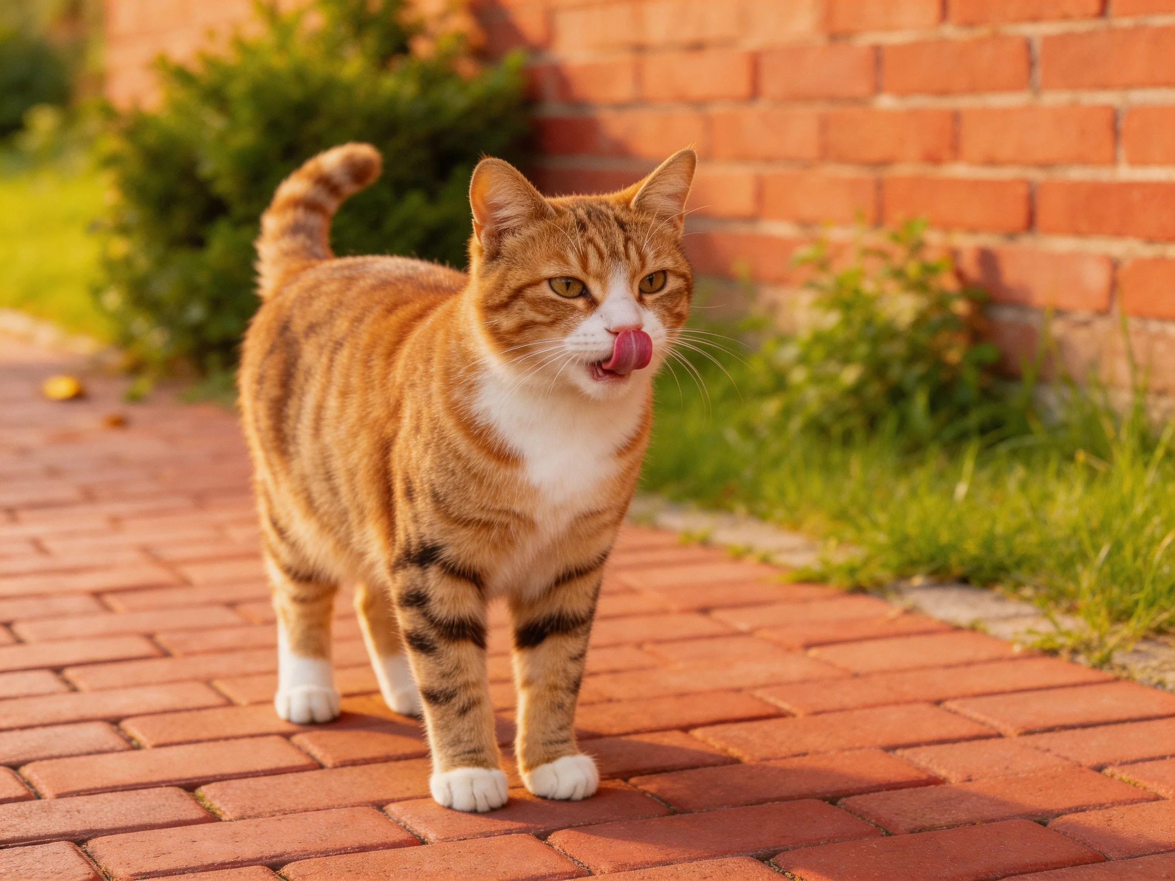 An orange tabby cat licks its tongue on a red brick pathway near a brick wall
