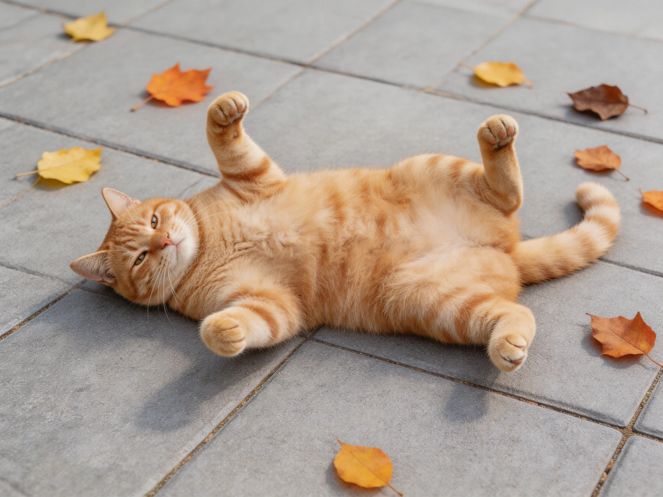 An orange tabby cat lies on pavement amid scattered autumn leaves