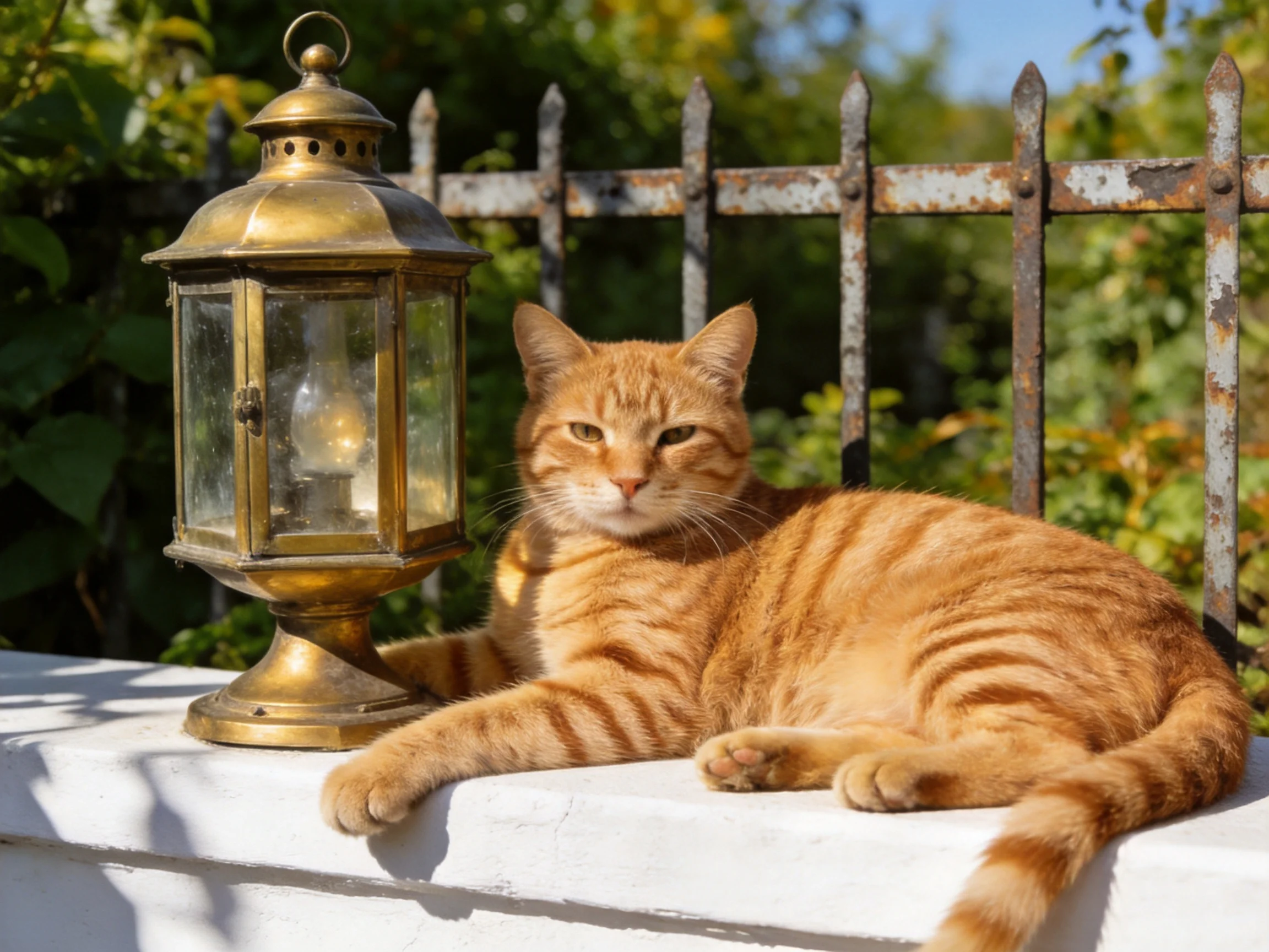 An orange tabby cat relaxes next to a vintage brass lantern outdoors
