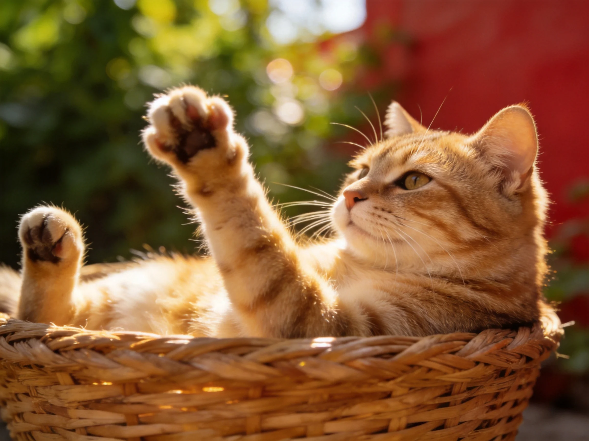 An orange tabby cat lounges in a woven basket under warm sunlight