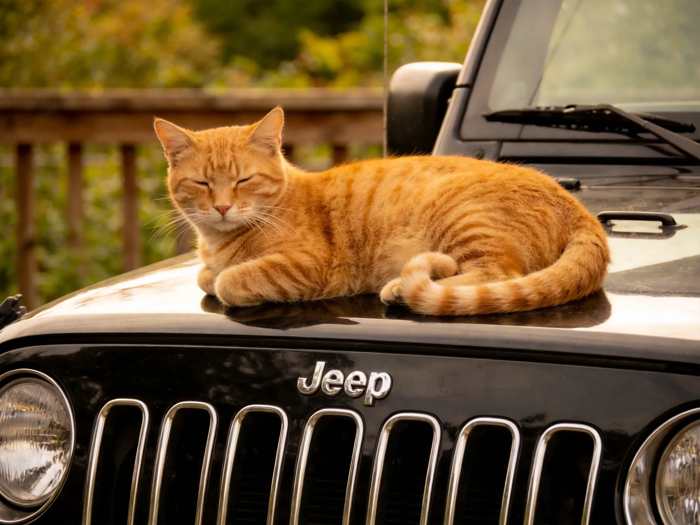An orange tabby cat relaxes on a black Jeeps hood in an outdoor setting