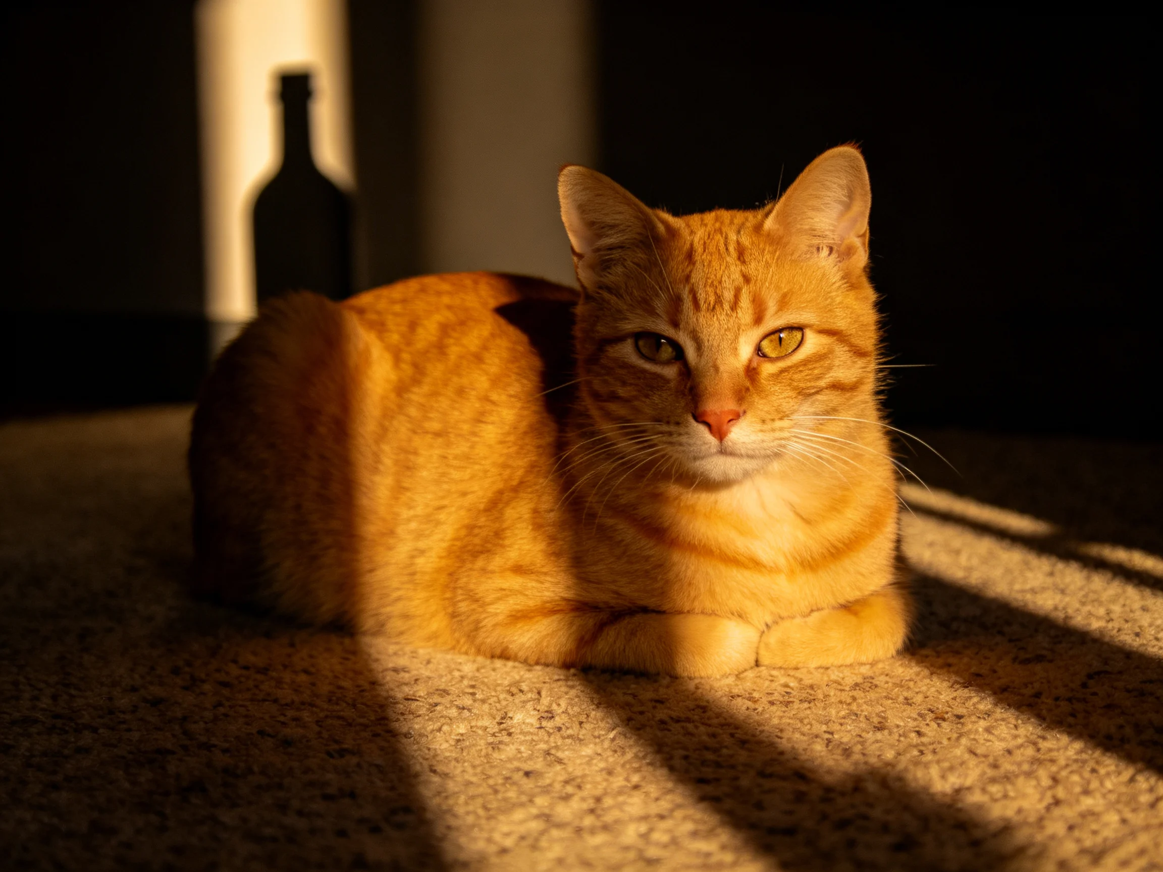 An orange tabby cat lounges on a carpet in a sunlit room near a dark bottle.