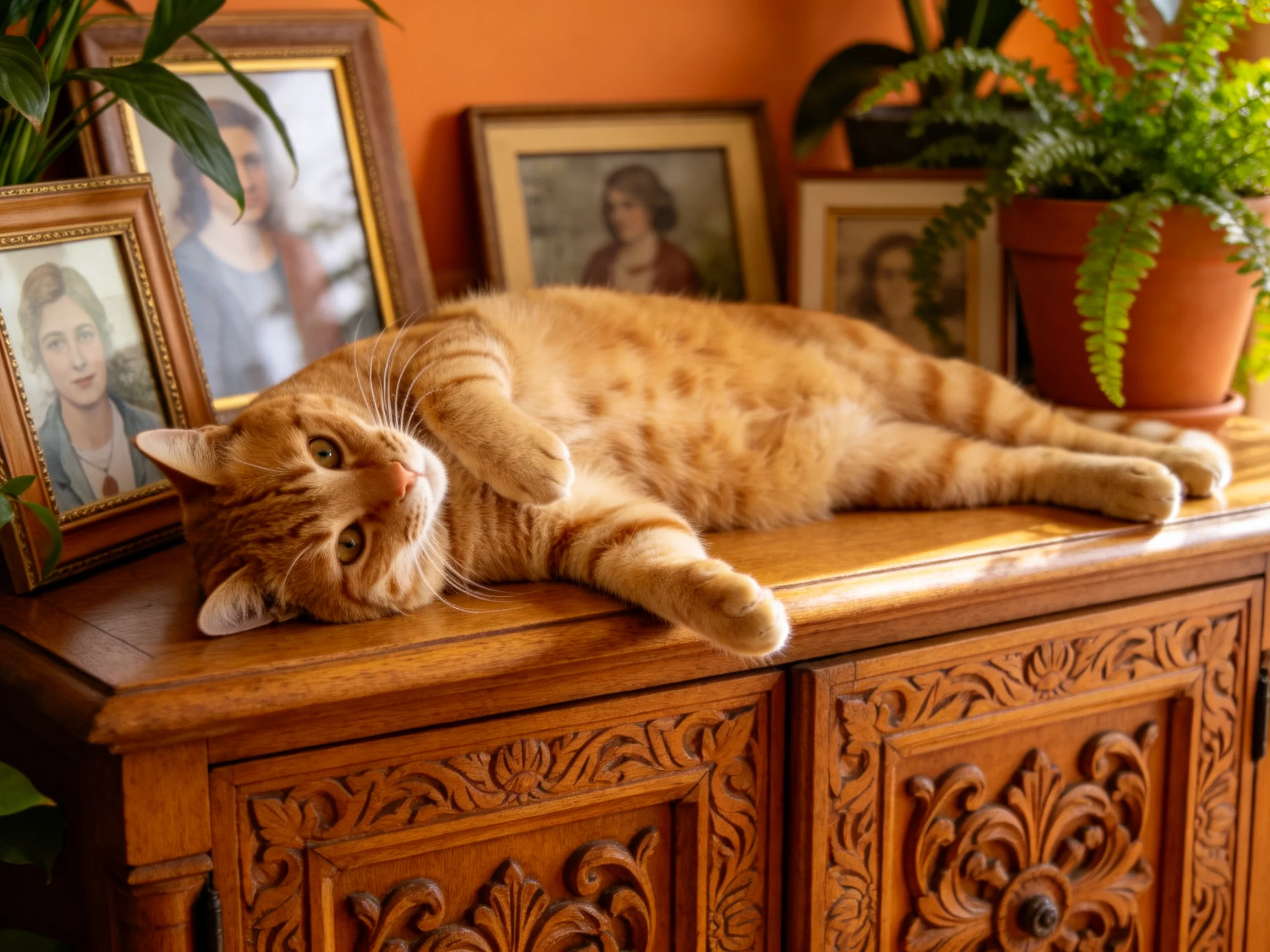 An orange tabby cat relaxes on a carved wooden cabinet amid framed photographs.