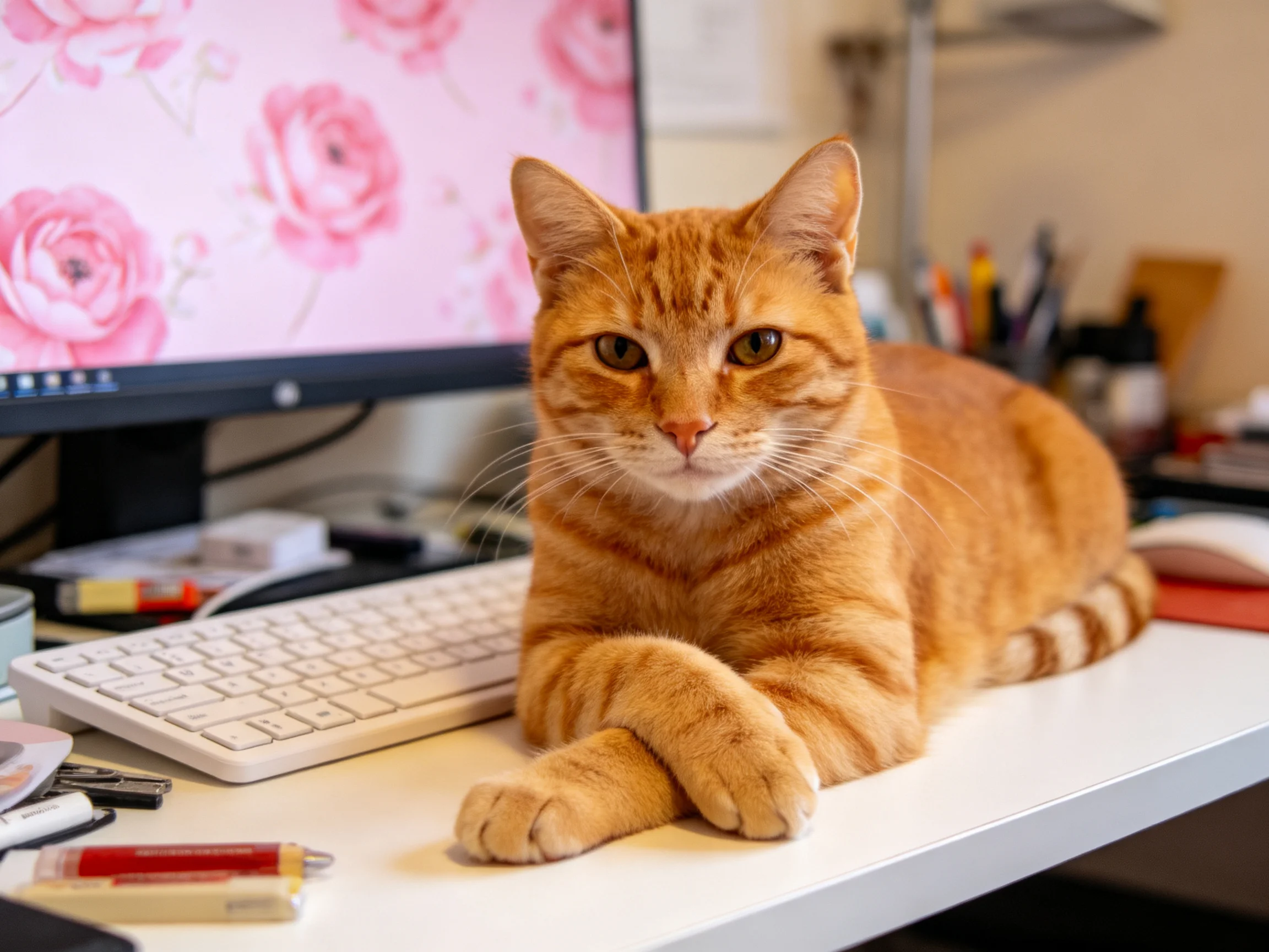 An orange tabby cat relaxes on a cluttered desk next to a computer.