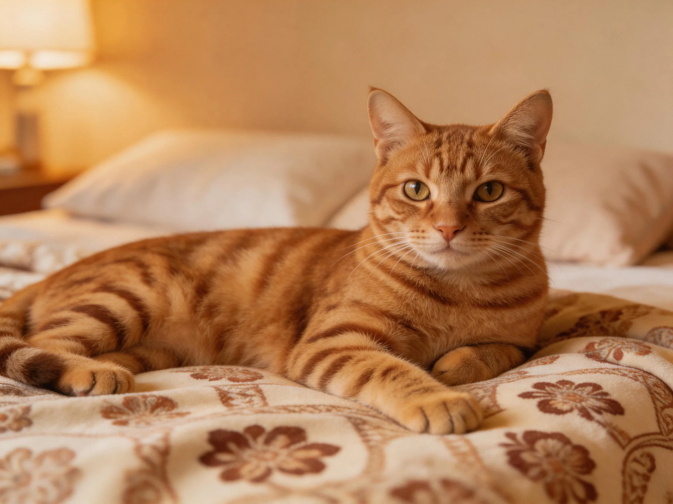 An orange tabby cat lounges on a floral-patterned bedspread in a warmly lit bedroom