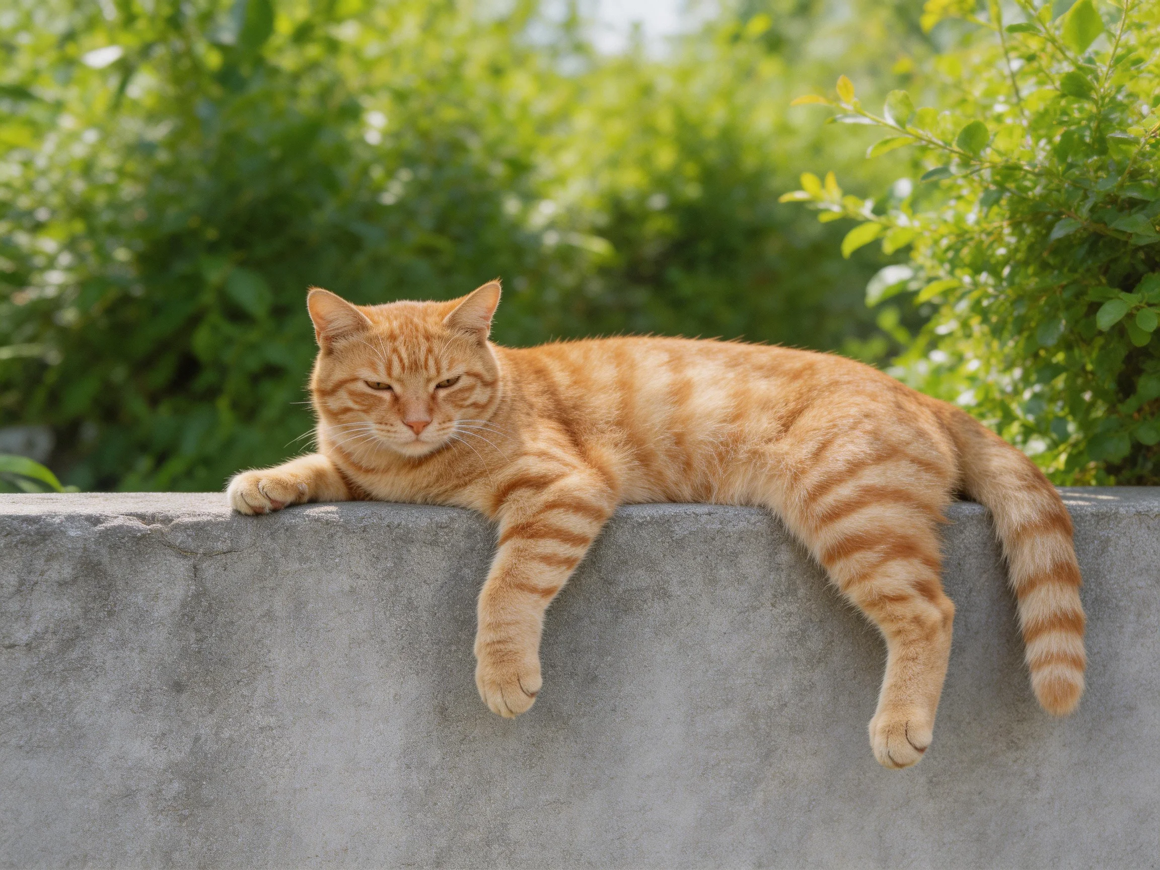 An orange tabby cat relaxes on a concrete ledge with greenery in the background
