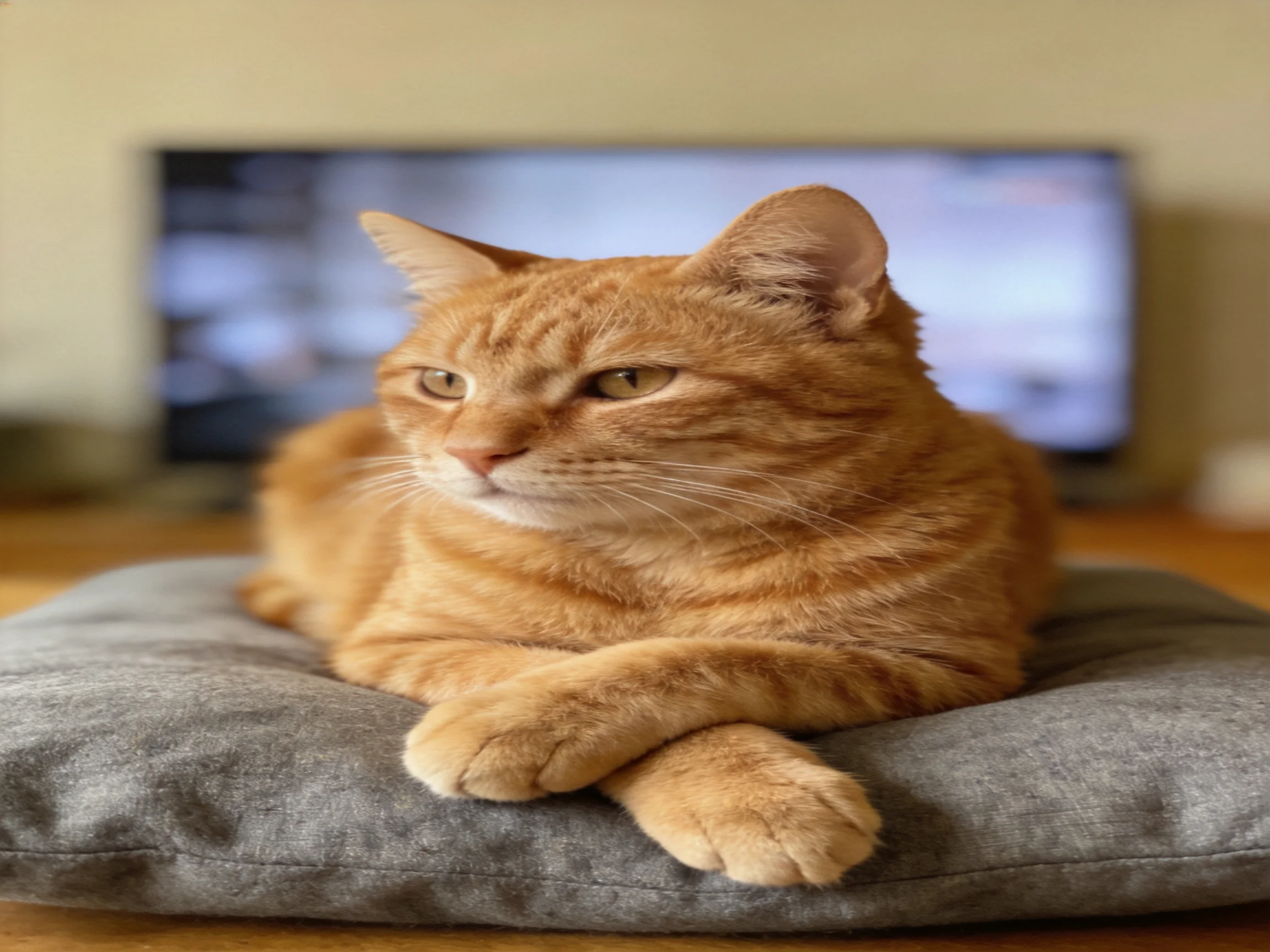 An orange tabby cat relaxes on a gray cushion beside a television