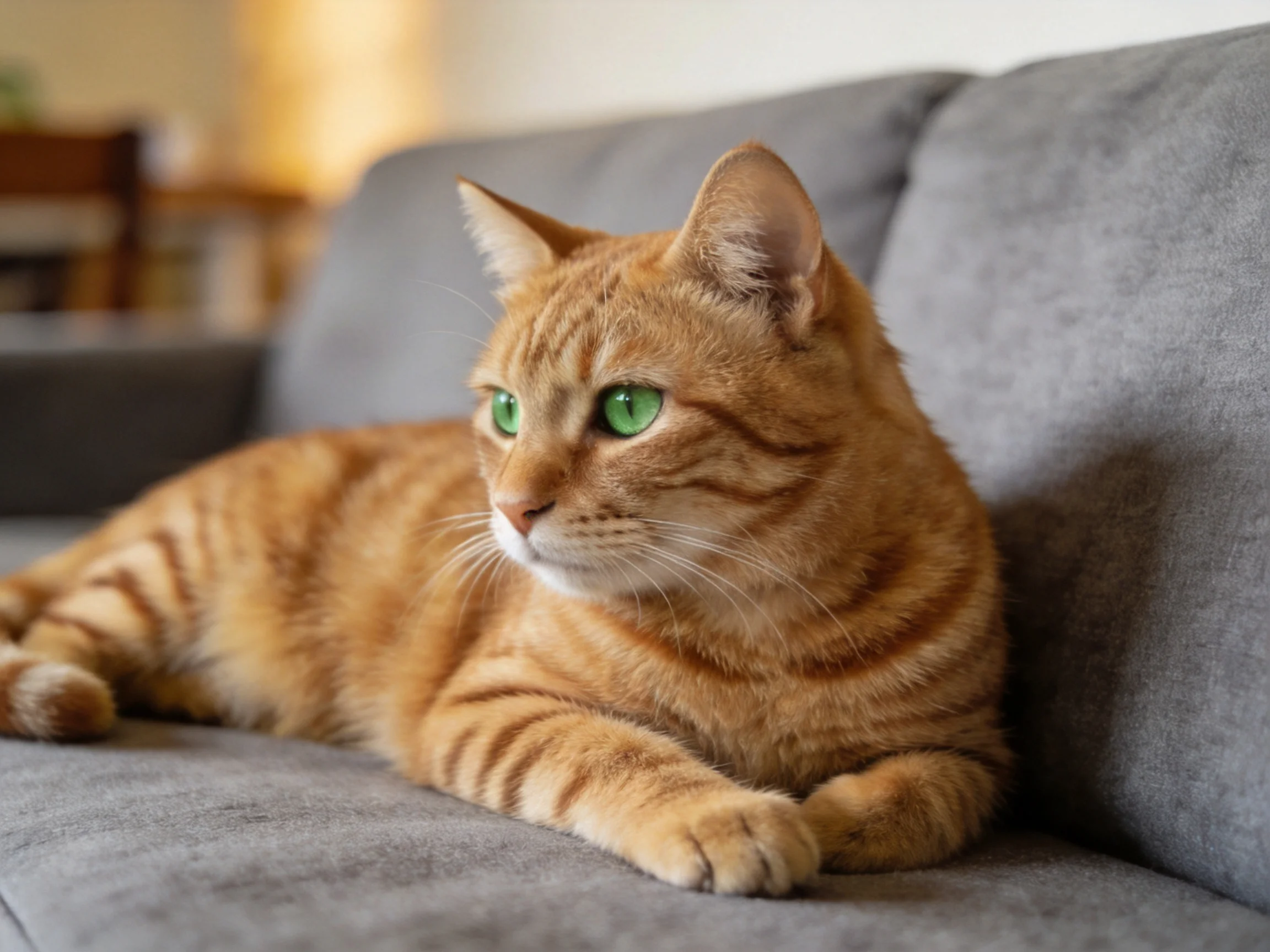An orange tabby cat relaxes on a gray sofa indoors
