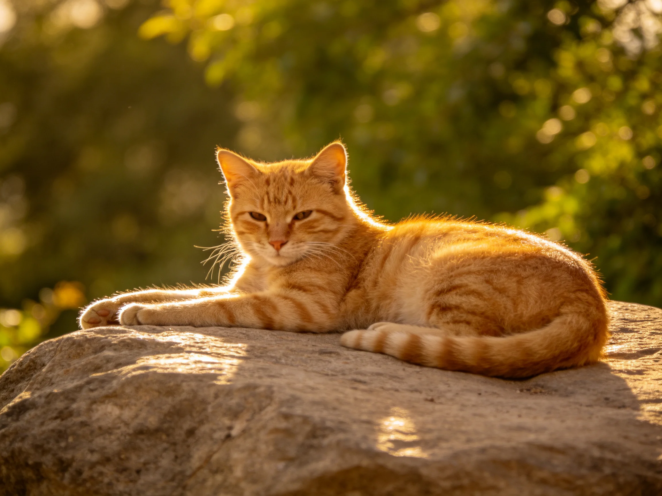 An orange tabby cat relaxes on a rock in sunlight