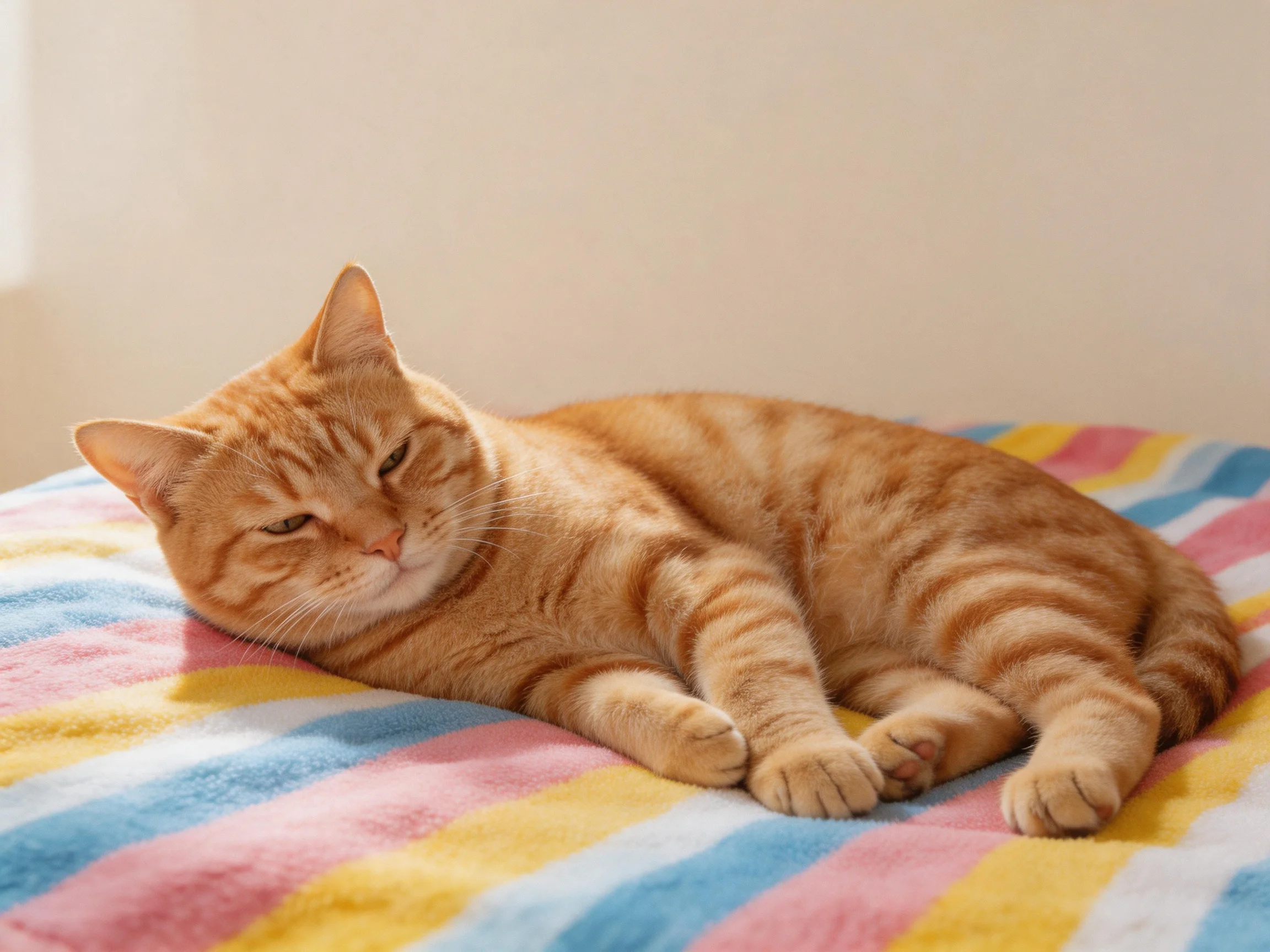 An orange tabby cat lounges on a multicolored striped blanket indoors