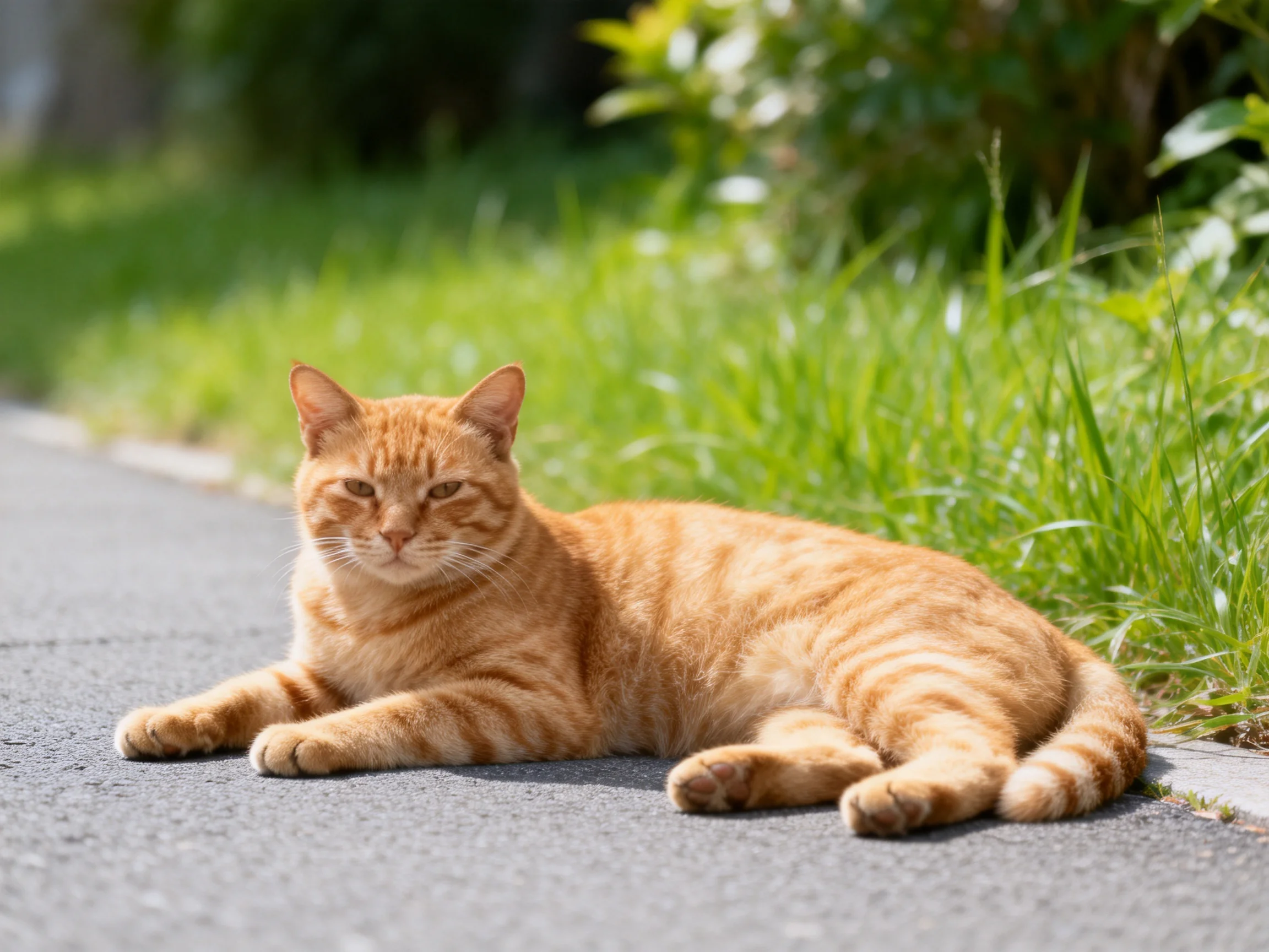 An orange tabby cat lounges on a paved path beside lush green grass