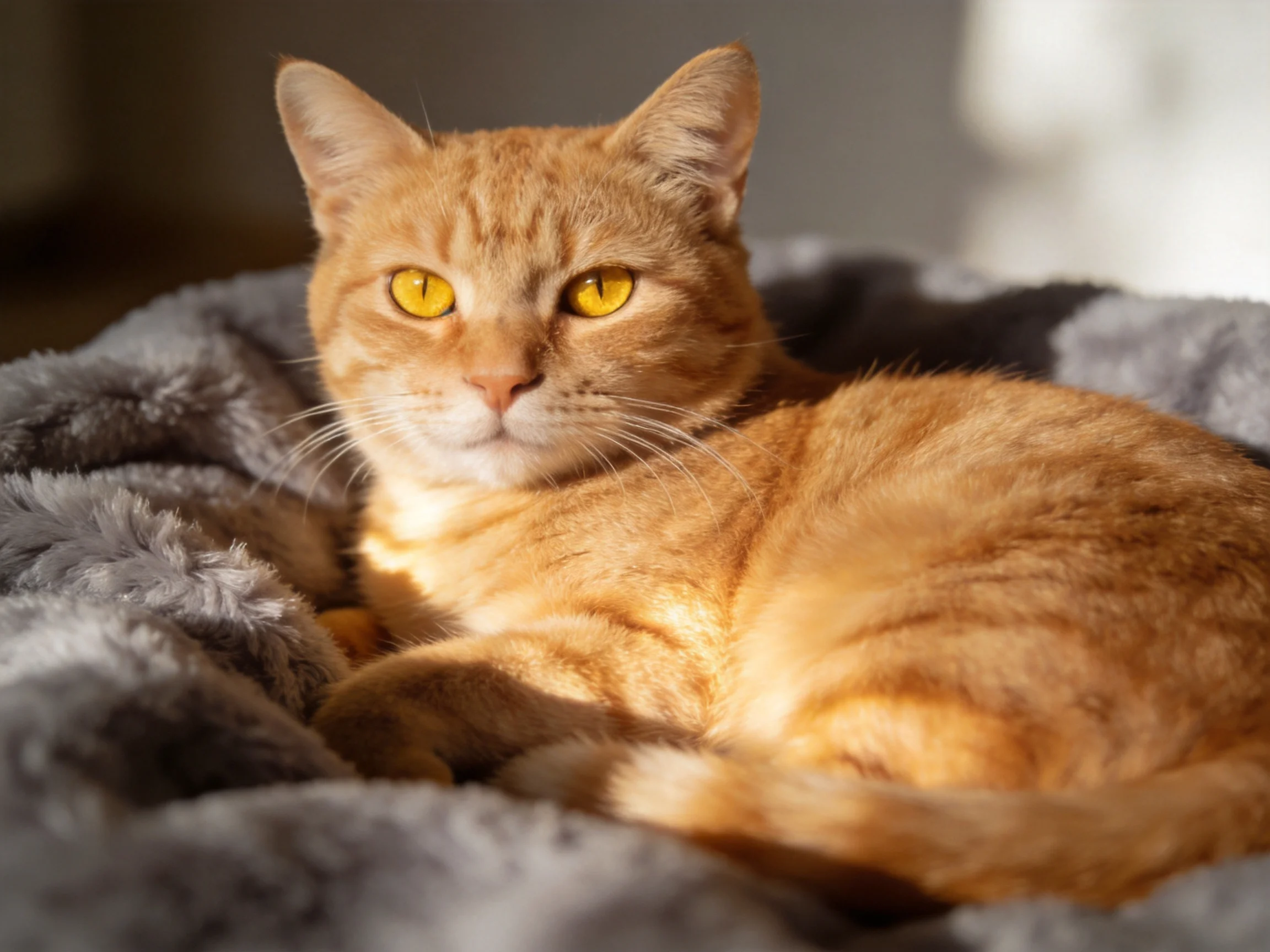 An orange tabby cat relaxes on a soft gray blanket under warm sunlight.