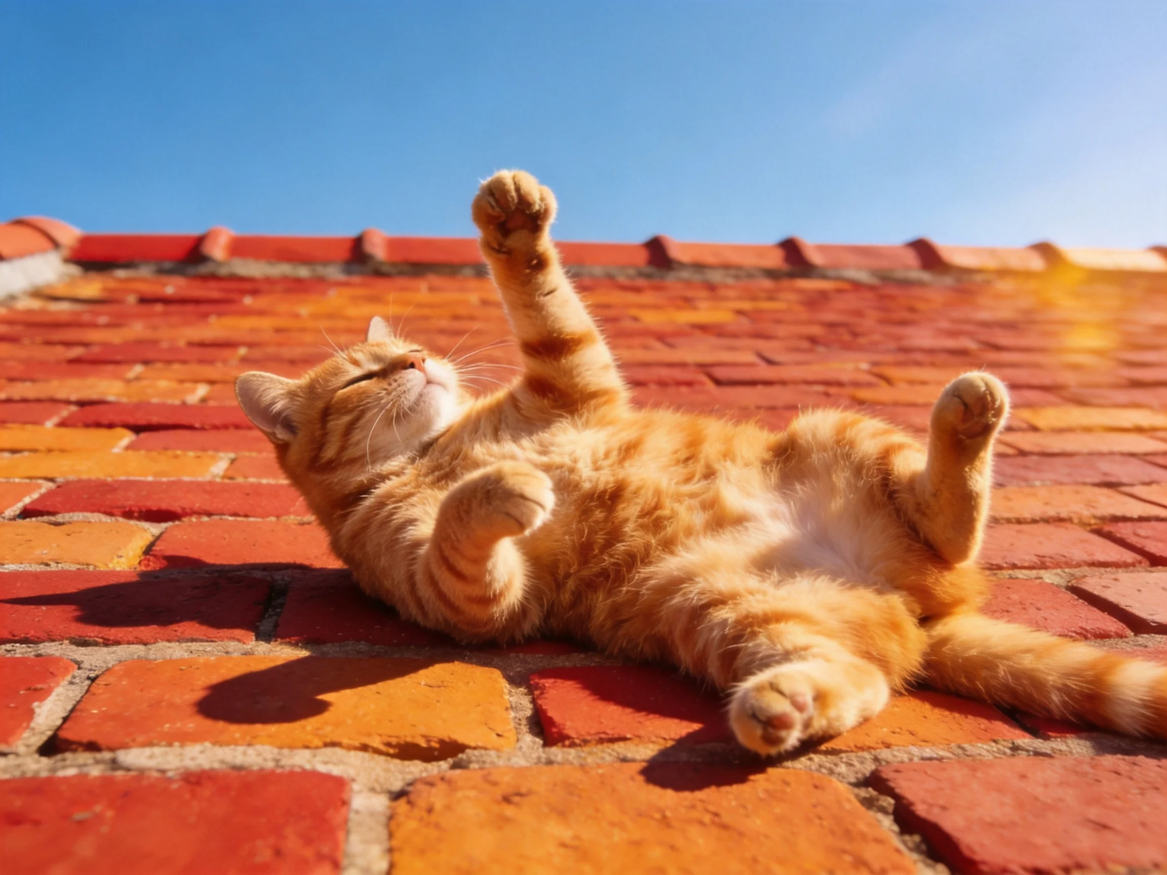An orange tabby cat lounges on a red-brick rooftop under clear blue sky