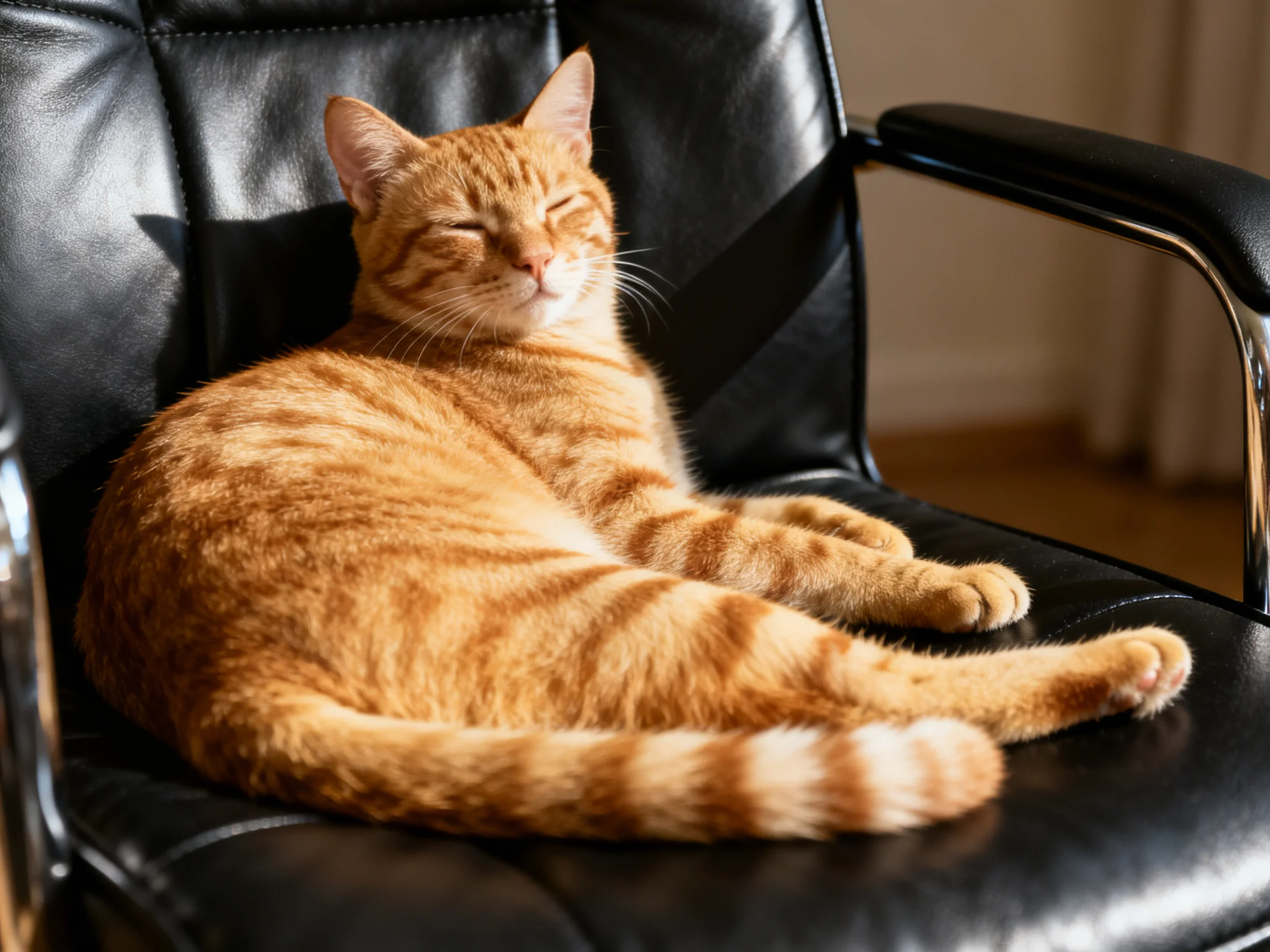 An orange tabby cat relaxes on a black leather office chair