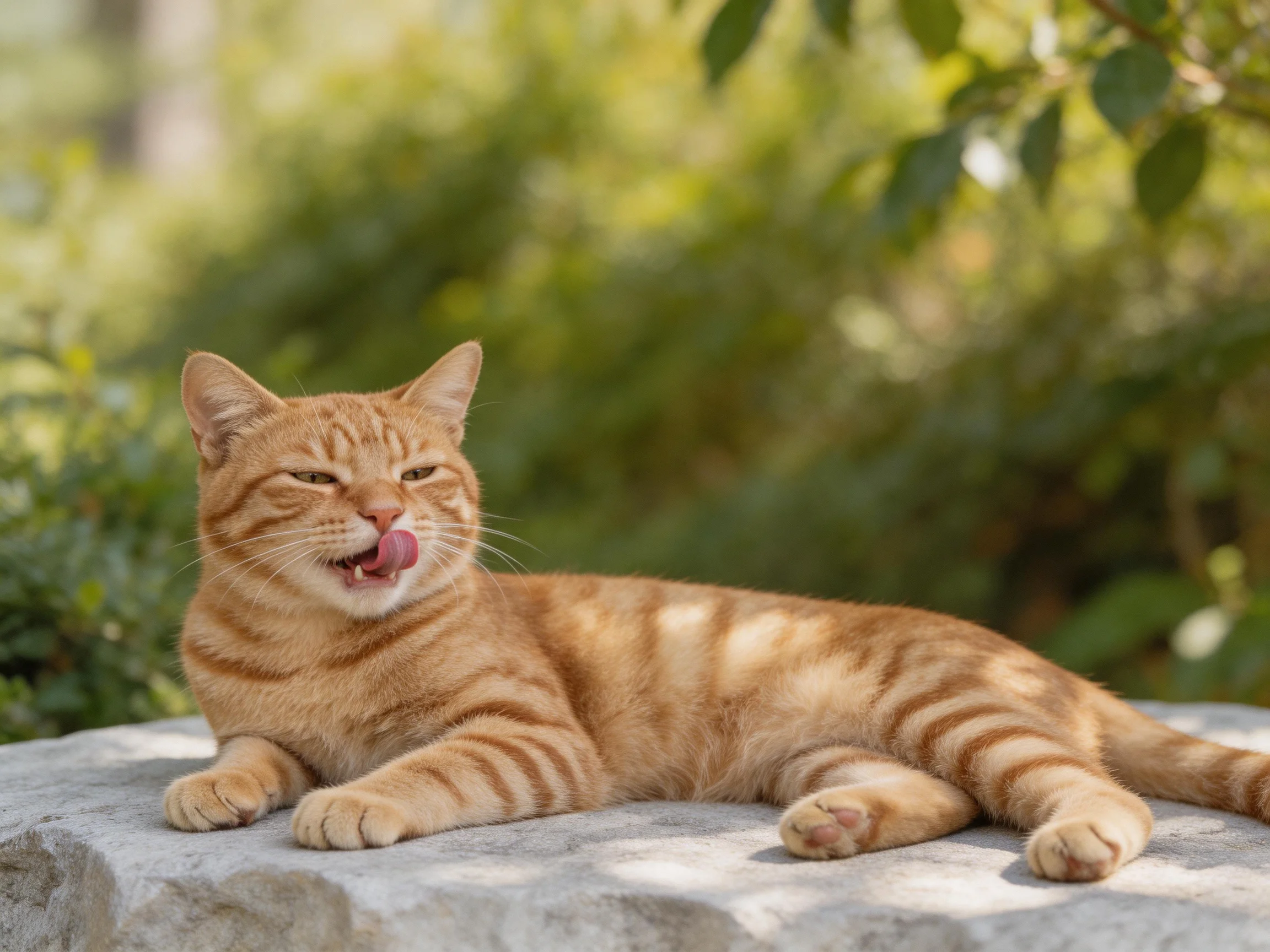 An orange tabby cat lounges on a stone in a sunlit garden with green foliage