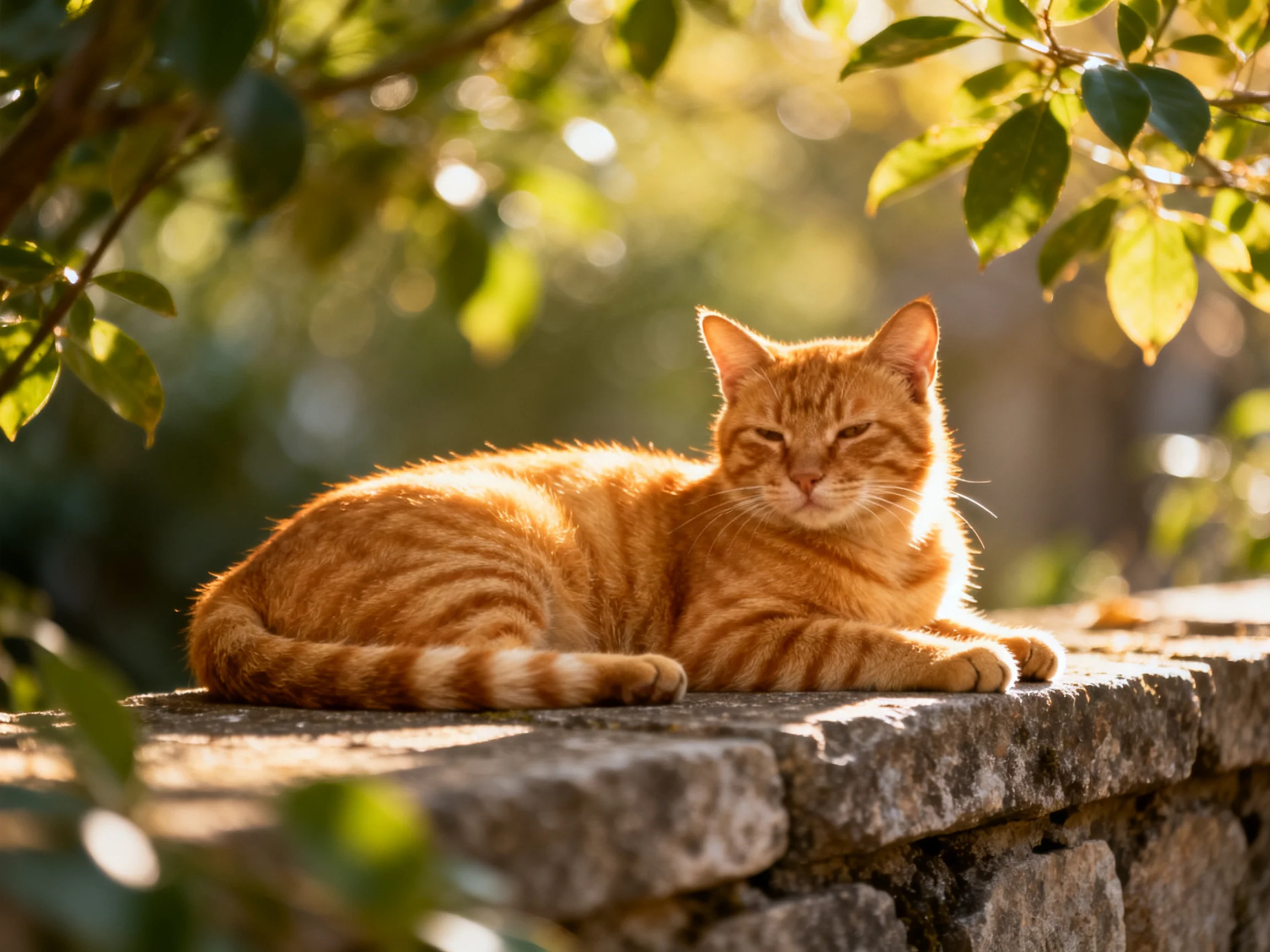 An orange tabby cat lounges on a stone wall in a sunlit area with foliage