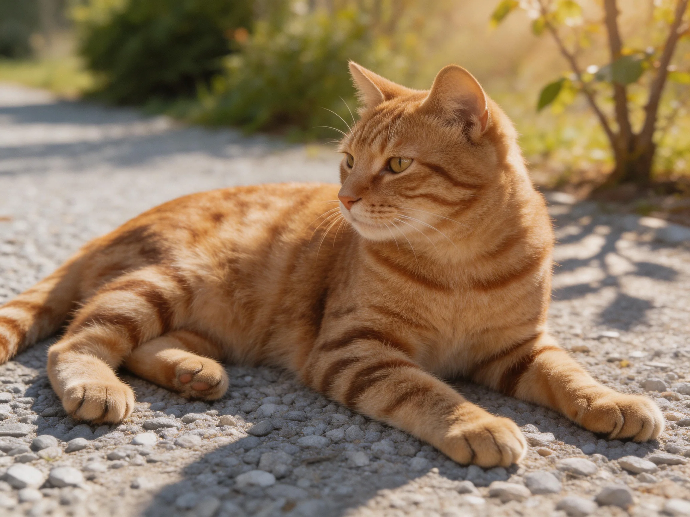 A single orange tabby cat relaxes on a gravel path outdoors