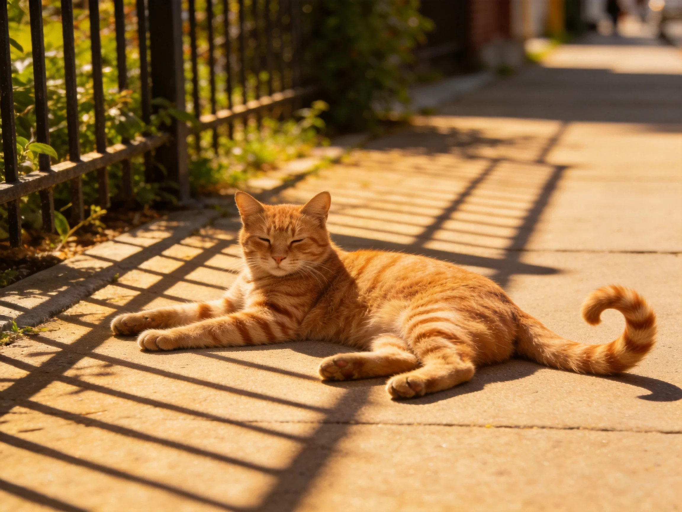An orange tabby cat relaxes on a sunlit sidewalk near a black iron fence.