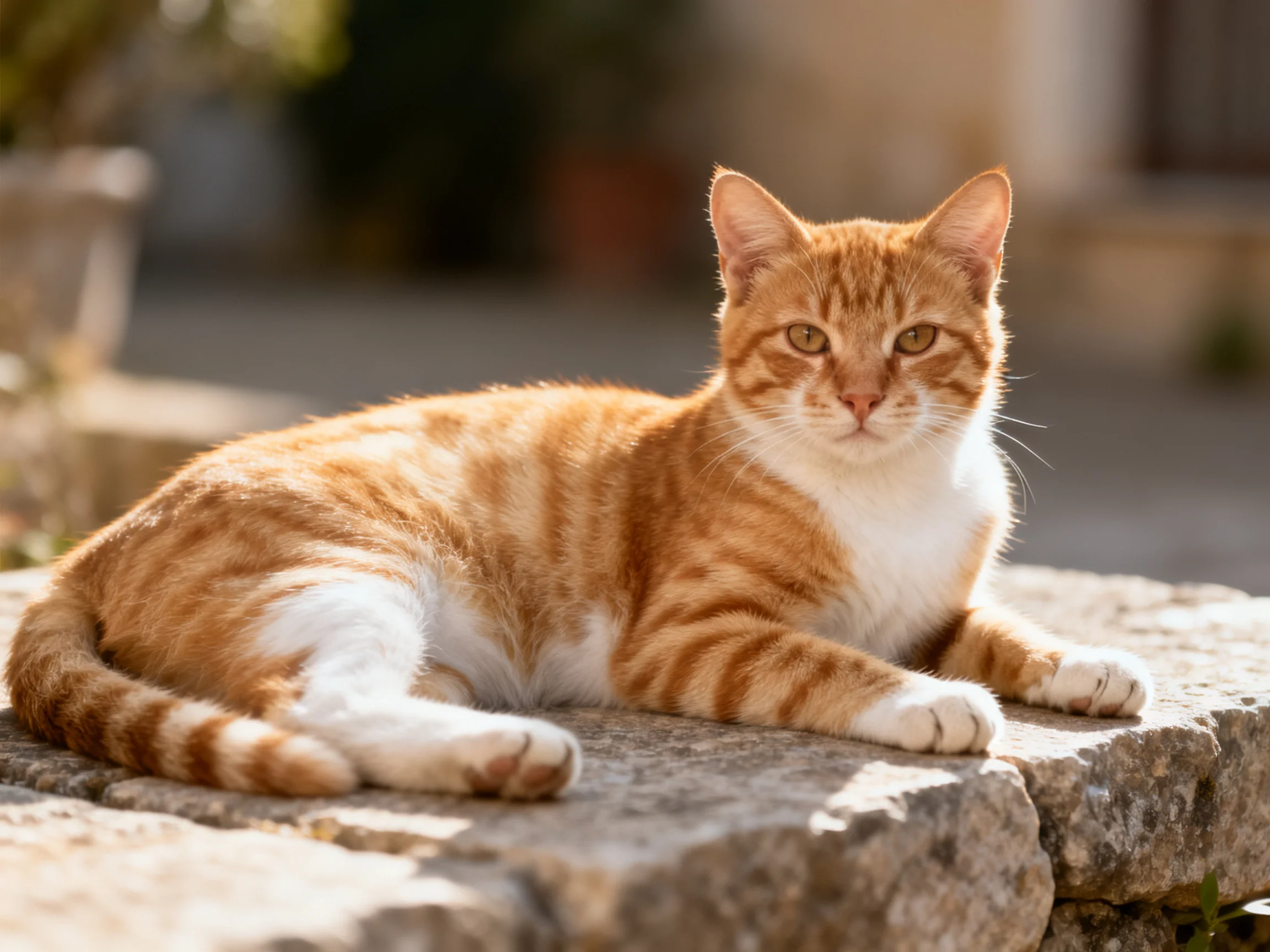 An orange tabby cat lounges on a weathered stone ledge in bright sunlight