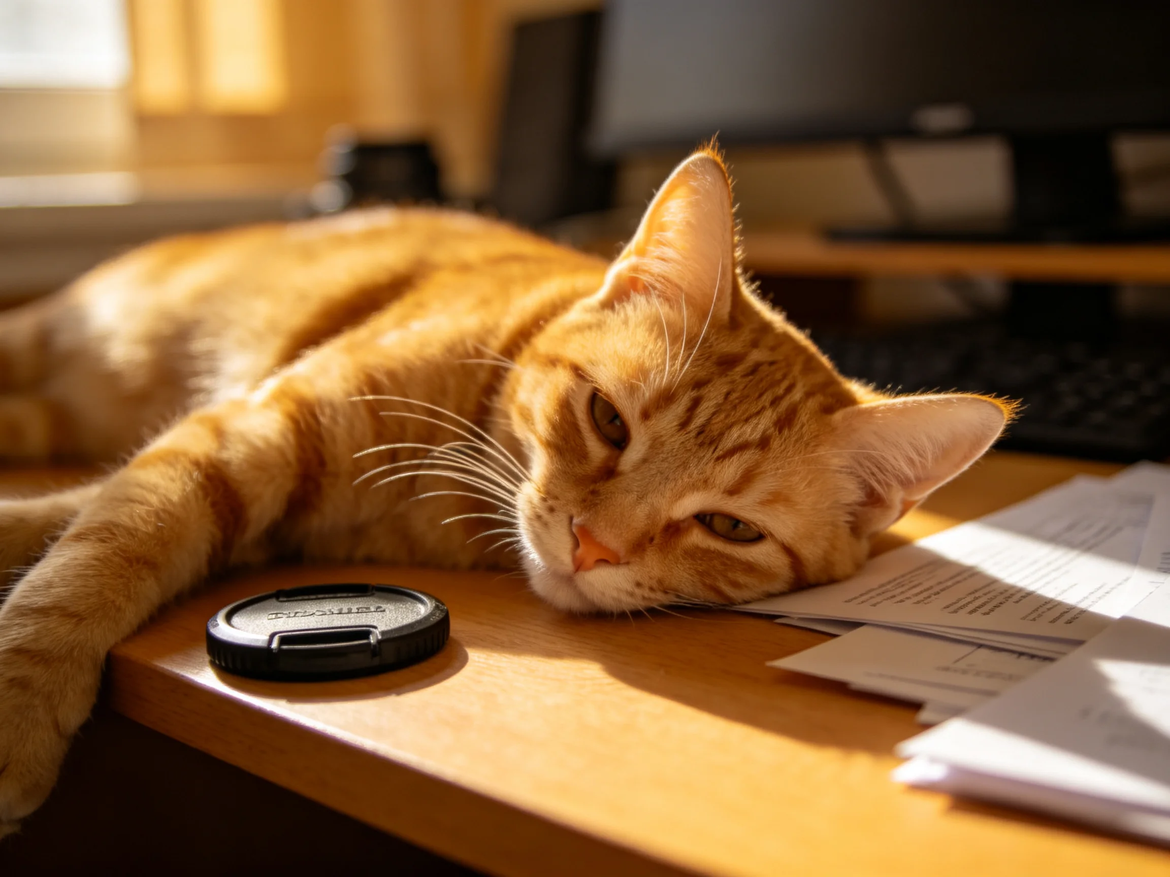 An orange tabby cat relaxes on a desk with papers and a camera accessory