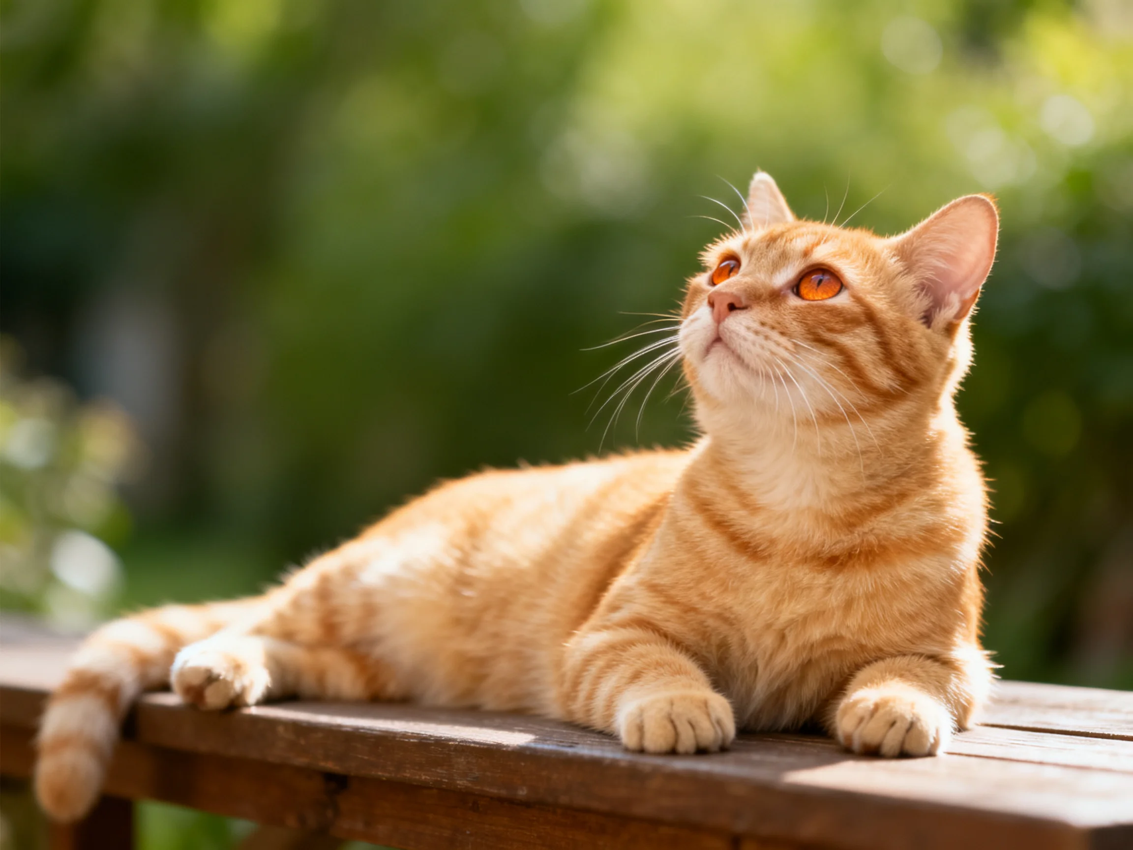 An orange tabby cat lounges on a wooden ledge amid greenery