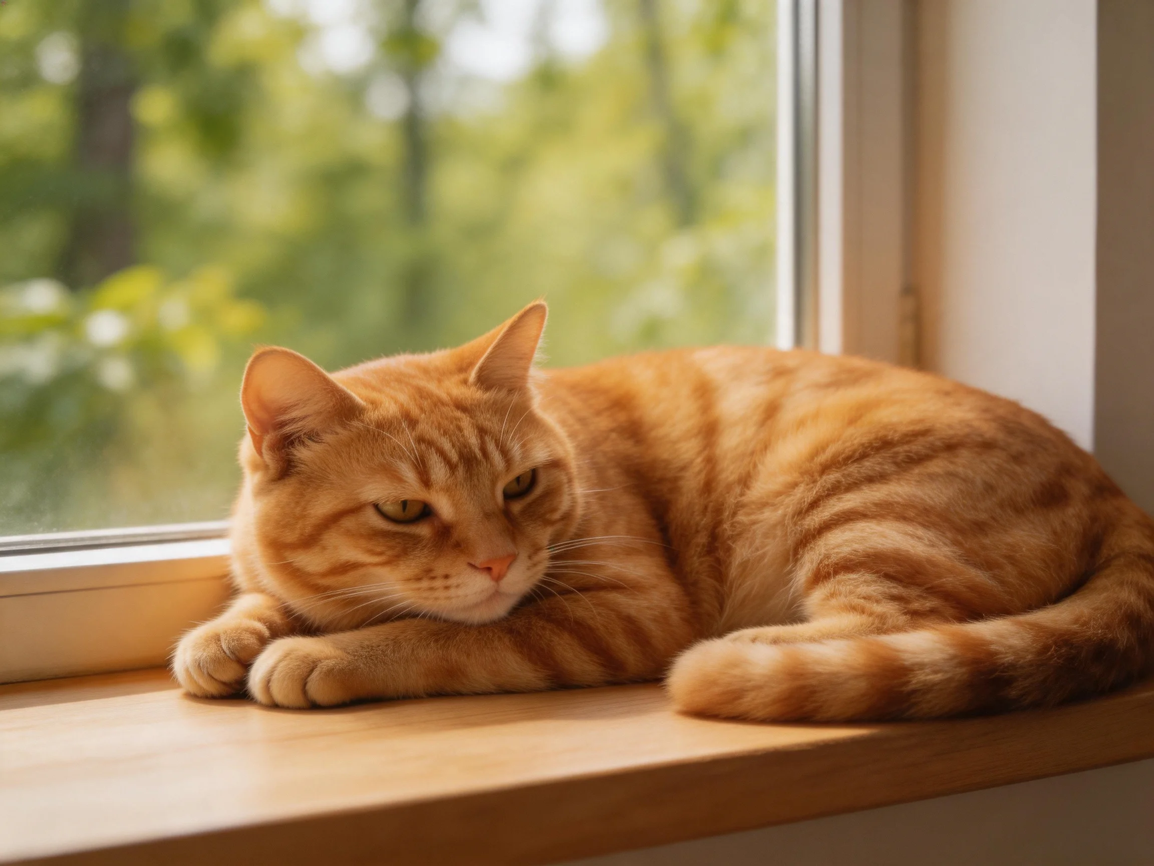 An orange tabby cat lounges on a wooden windowsill beside greenery