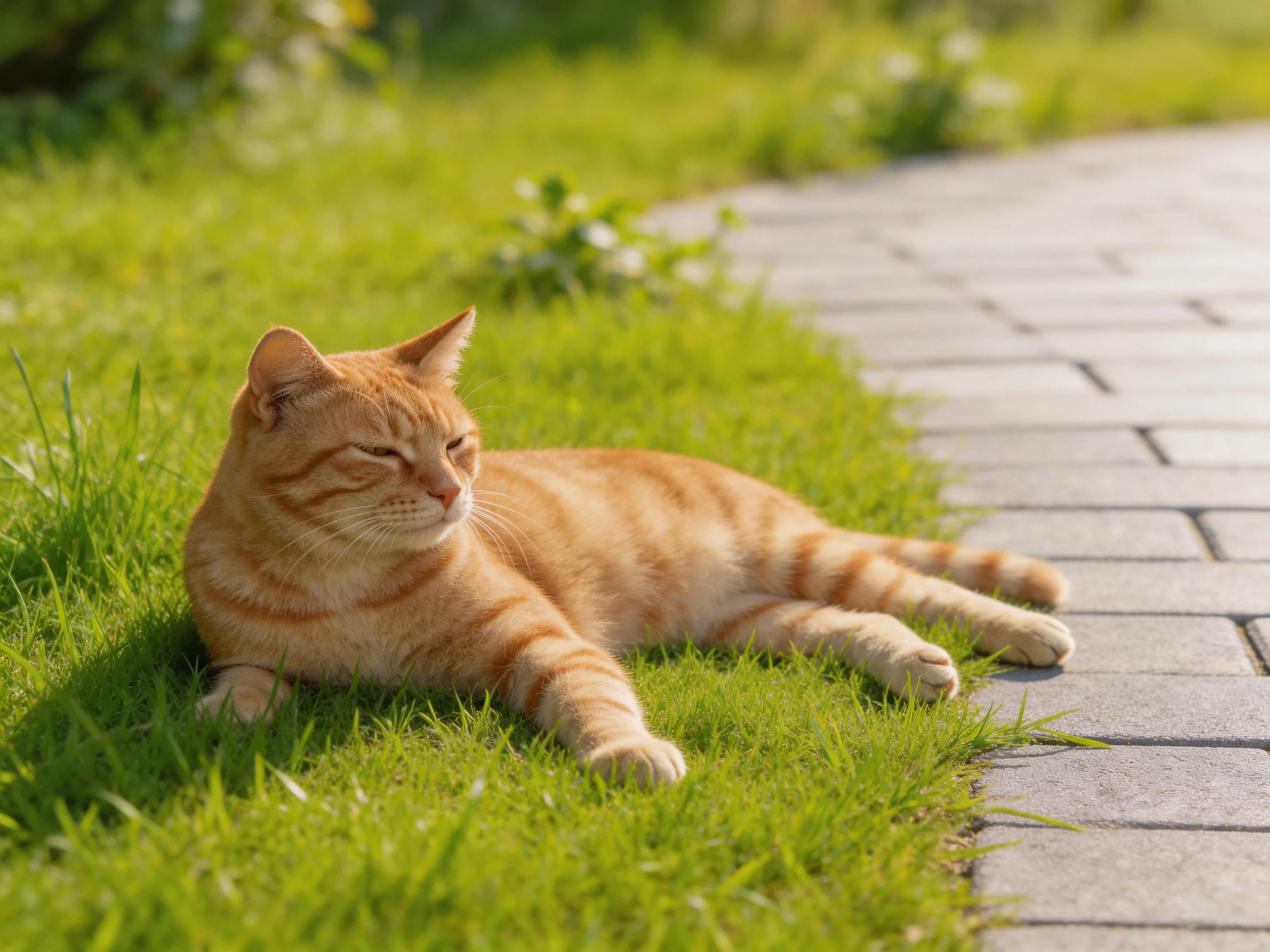 An orange tabby cat relaxes on green grass next to a stone walkway.