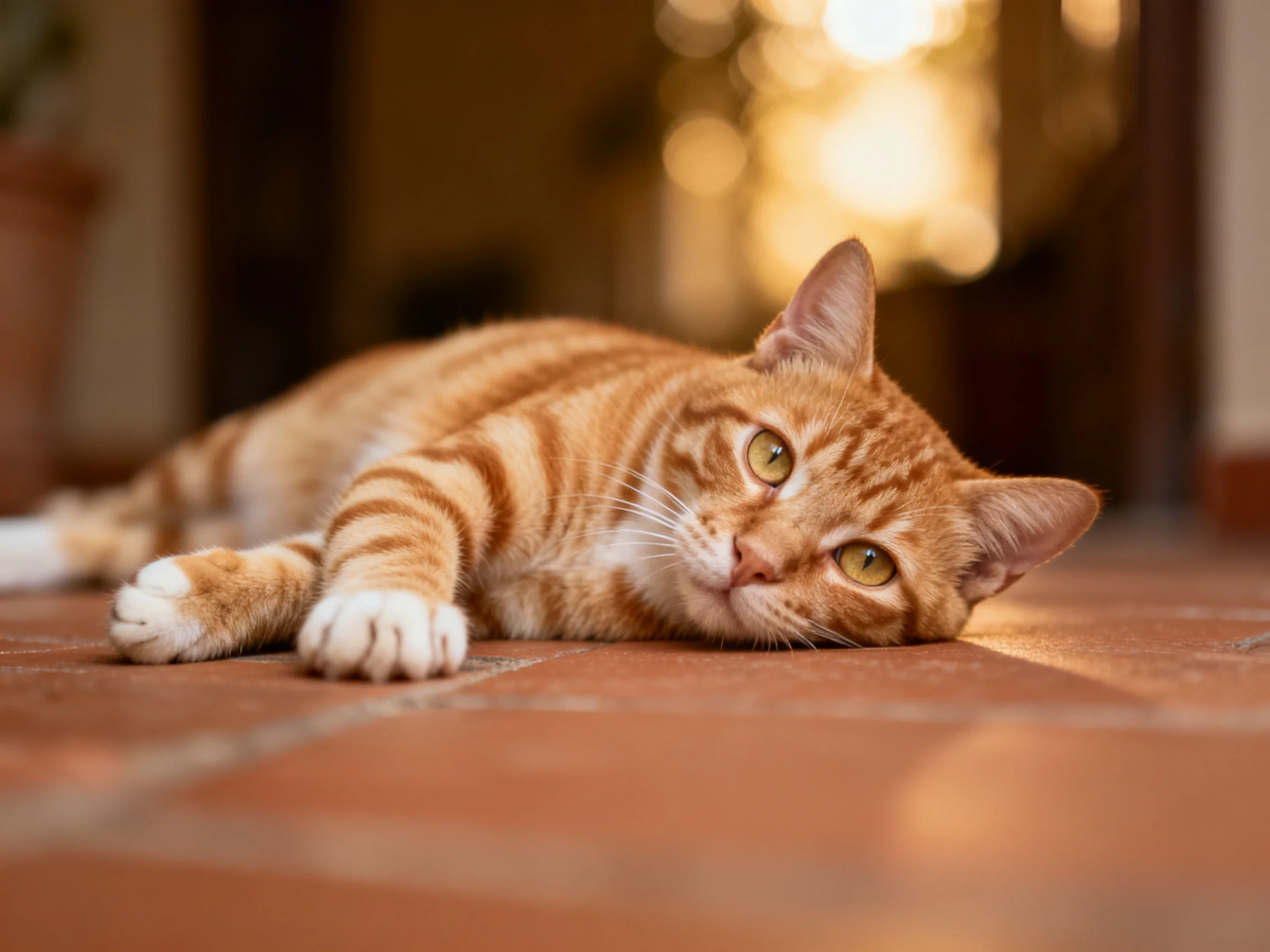 An orange tabby cat lounges on terracotta tiles