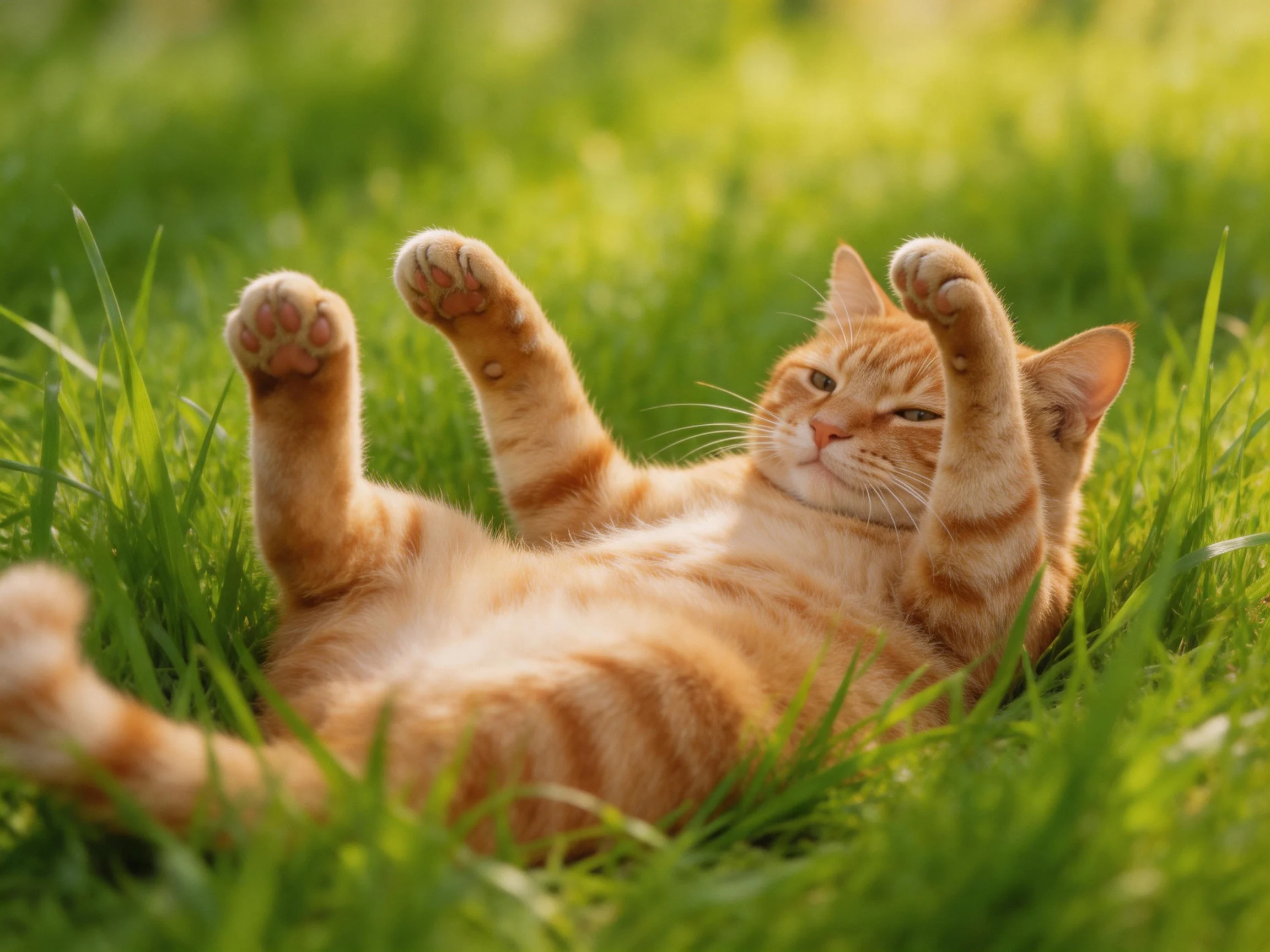 An orange tabby cat relaxes on green grass.