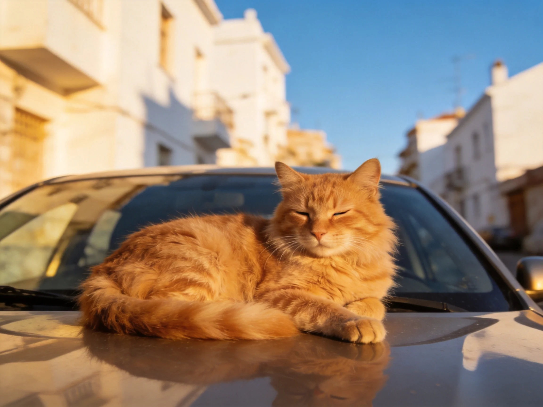 An orange tabby cat lounging on a car hood in a sunlit street
