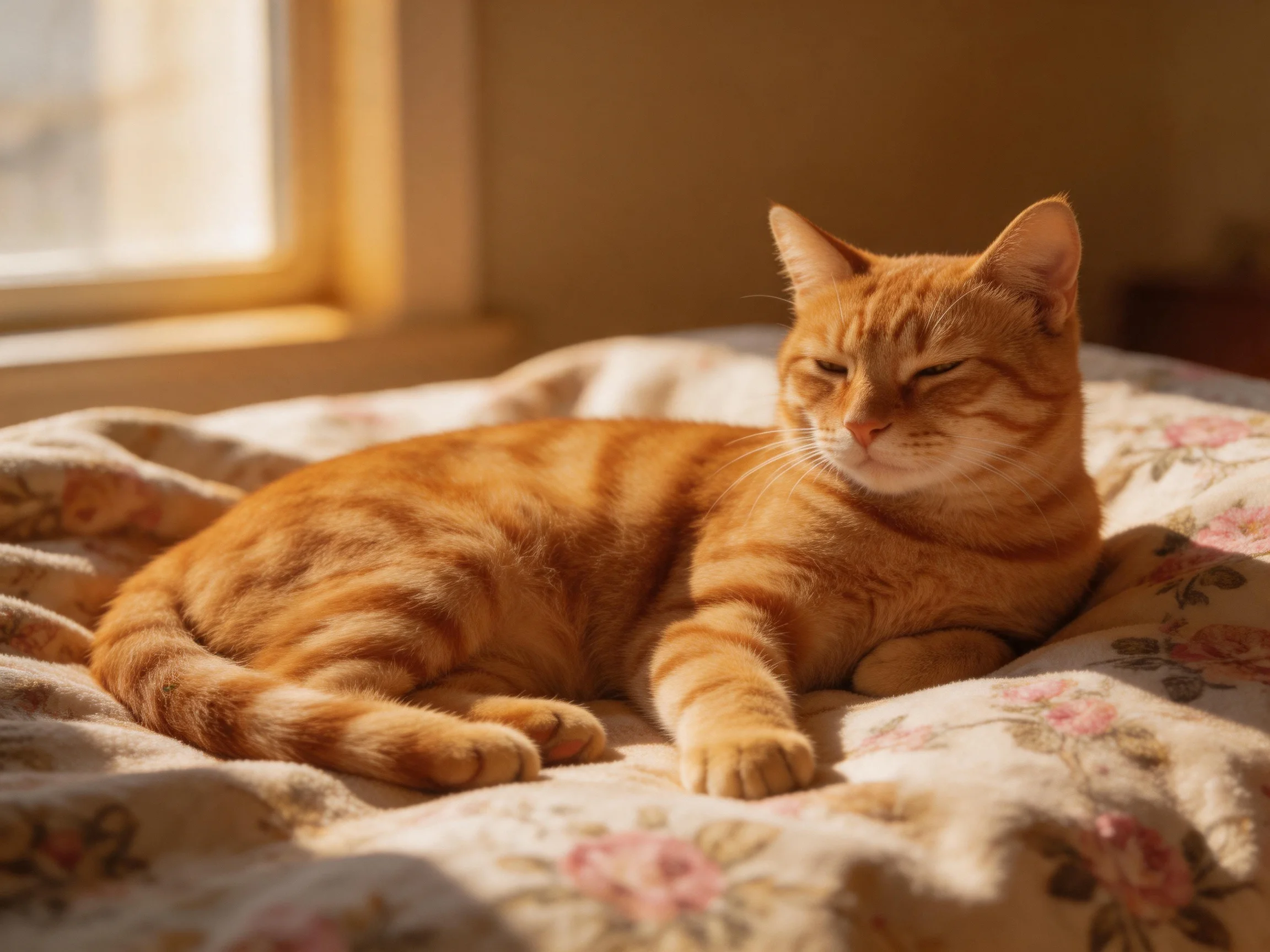 An orange tabby cat lounging on a floral-patterned bed by a sunlit window.